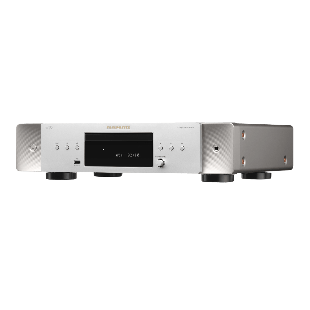 Marantz CD 70 Compact Disc Player in Silver/Gold, angled to the left