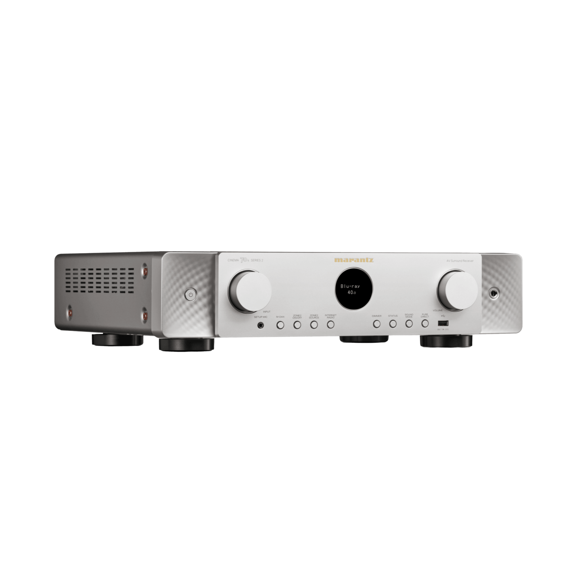 Marantz Cinema 70 Series 2 AV Receiver, silver/gold angled to the right