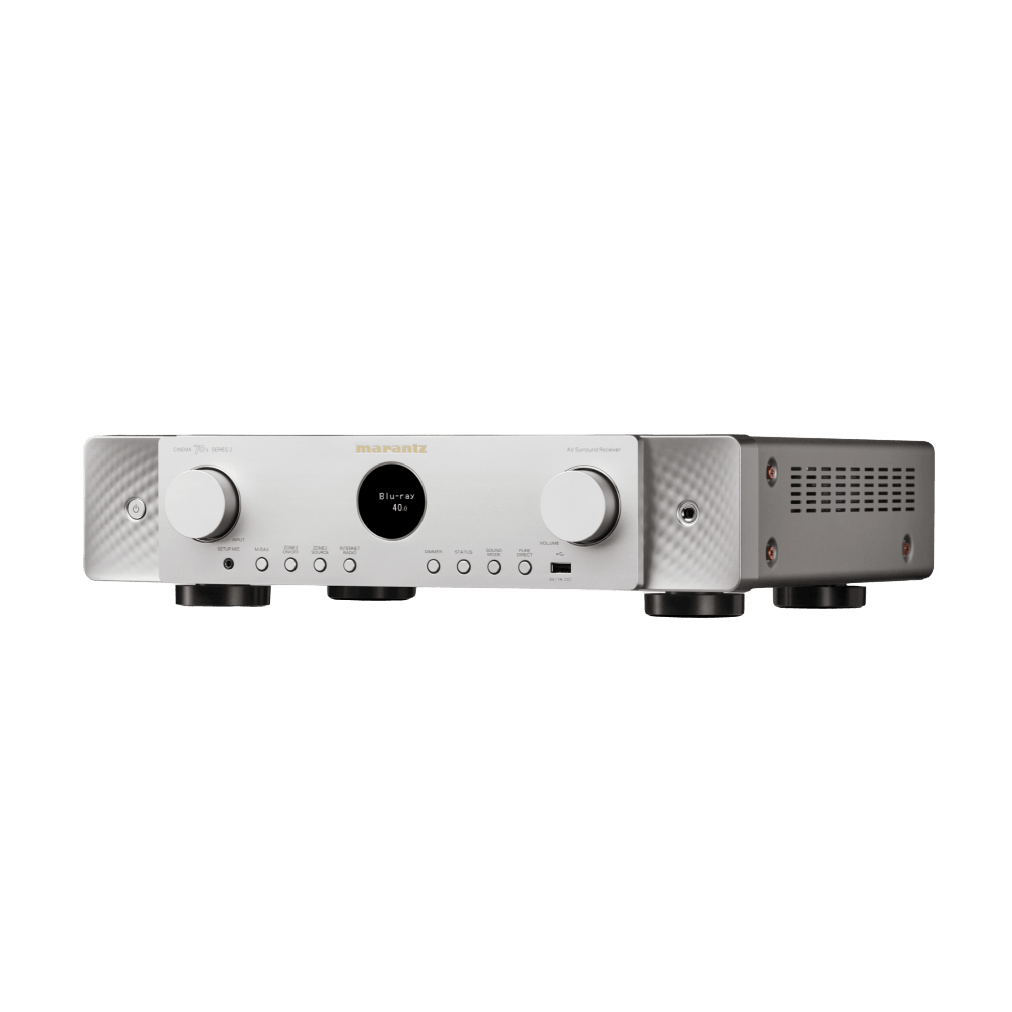 Marantz Cinema 70 Series 2 AV Receiver, silver/gold angled to the left