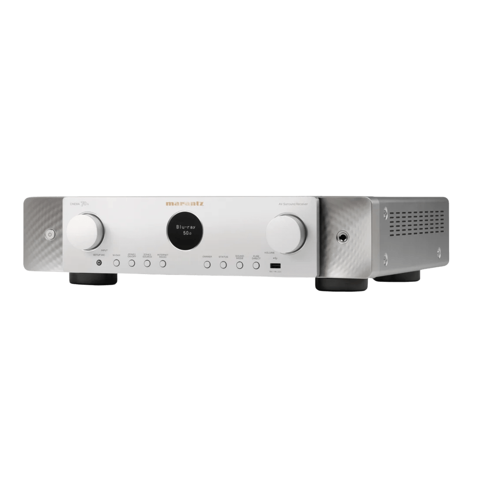 Marantz AV Receivers Marantz Cinema 70s Slimline 7.2 Channel AV Receiver, in Silver/Gold, angled to the left