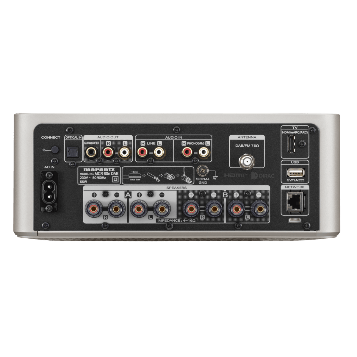 Marantz MCR 60n DAB in Champagne Gold, back of unit