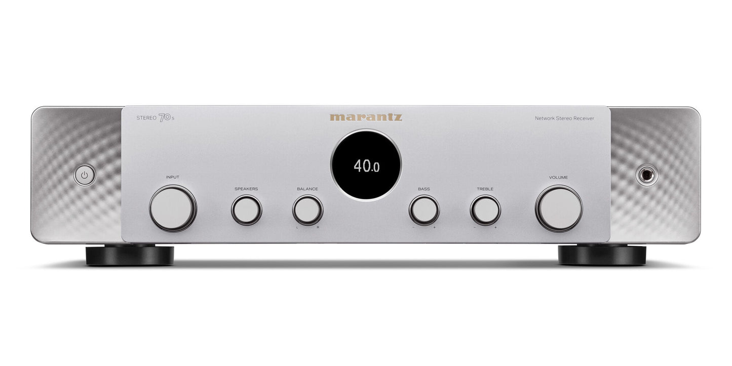Marantz Stereo70's Receiver in Silver/Gold. Pristine sound quality, timeless design & cutting edge tech.  Front image
