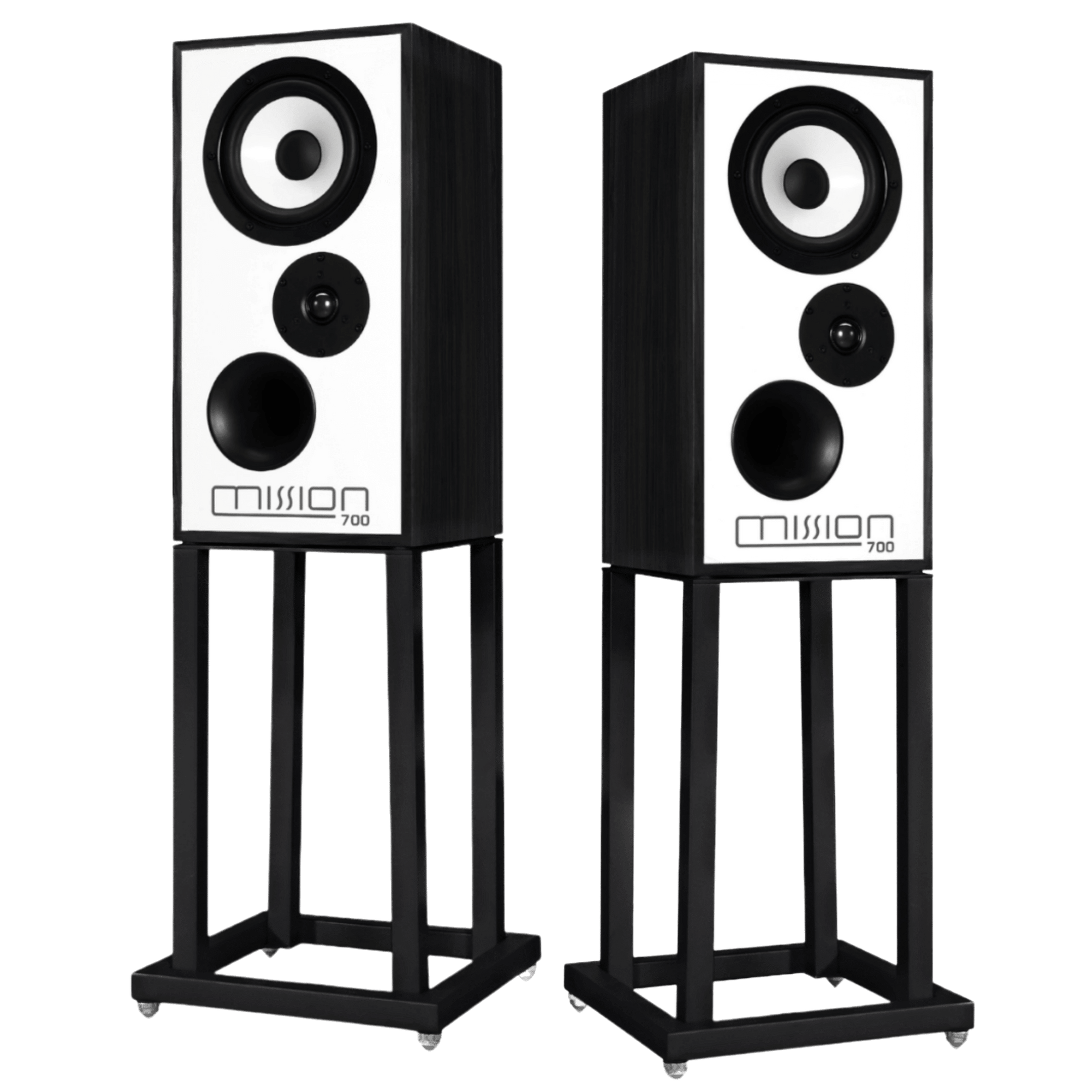 Mission 700 Speakers in Black, (sold Seperately); pair shown without grilles and on Mission 700 Speaker Stands 