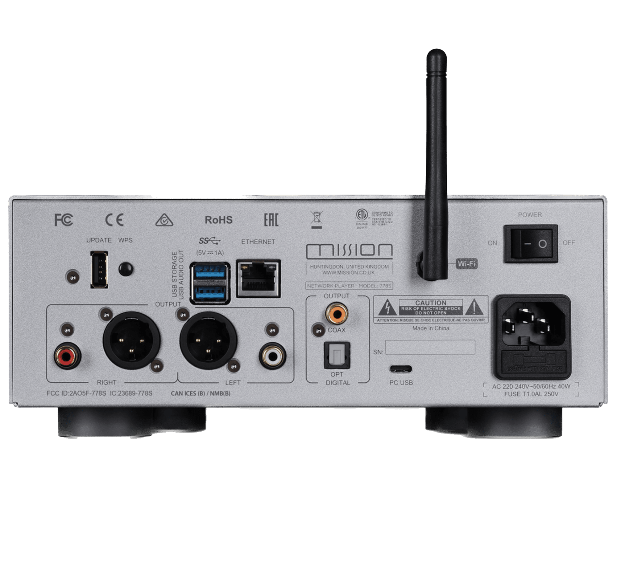 Mission 778S Wireless Music Streamer in Silver, back of unit