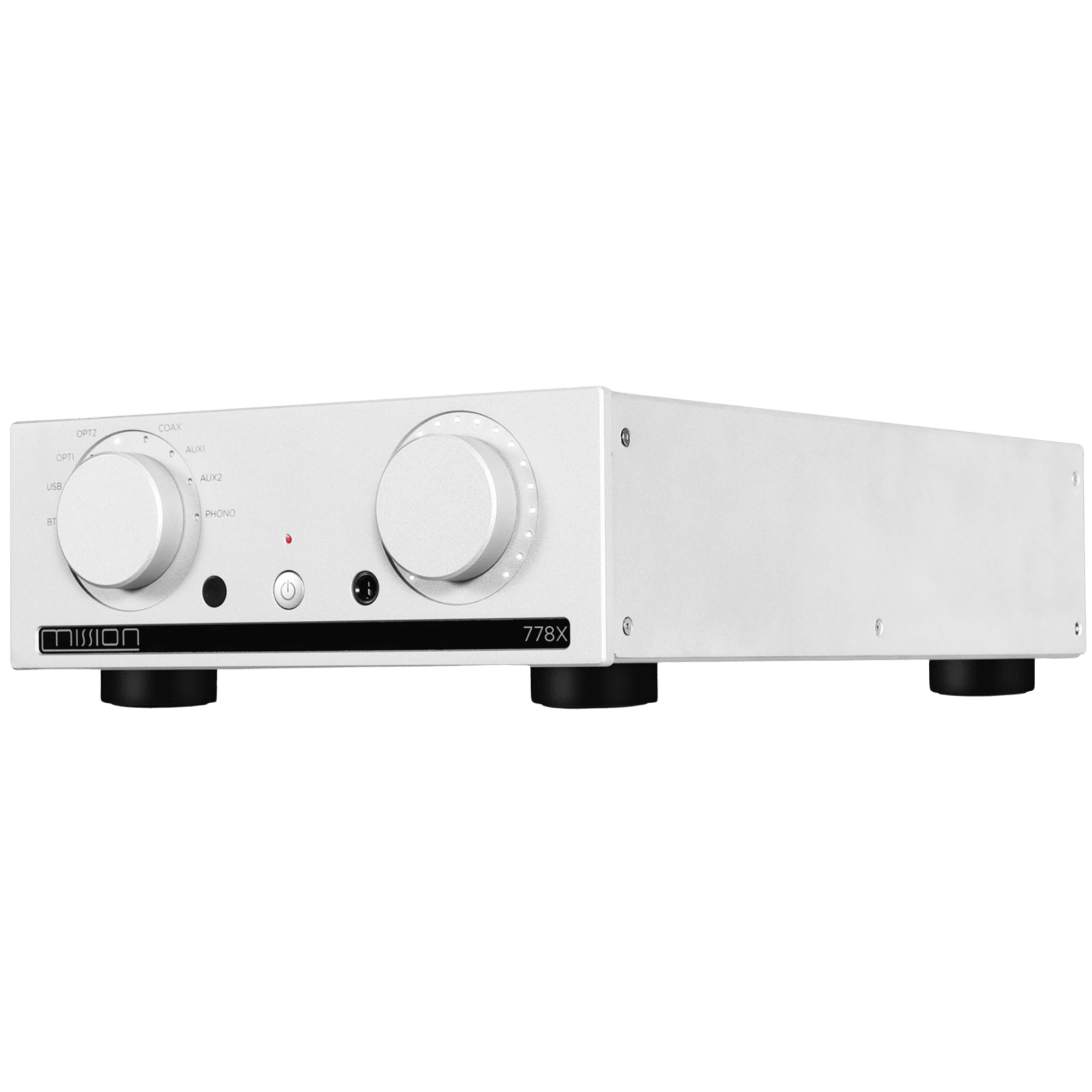 Mission 778X Integrated Amplifier in Silver, angled to the left