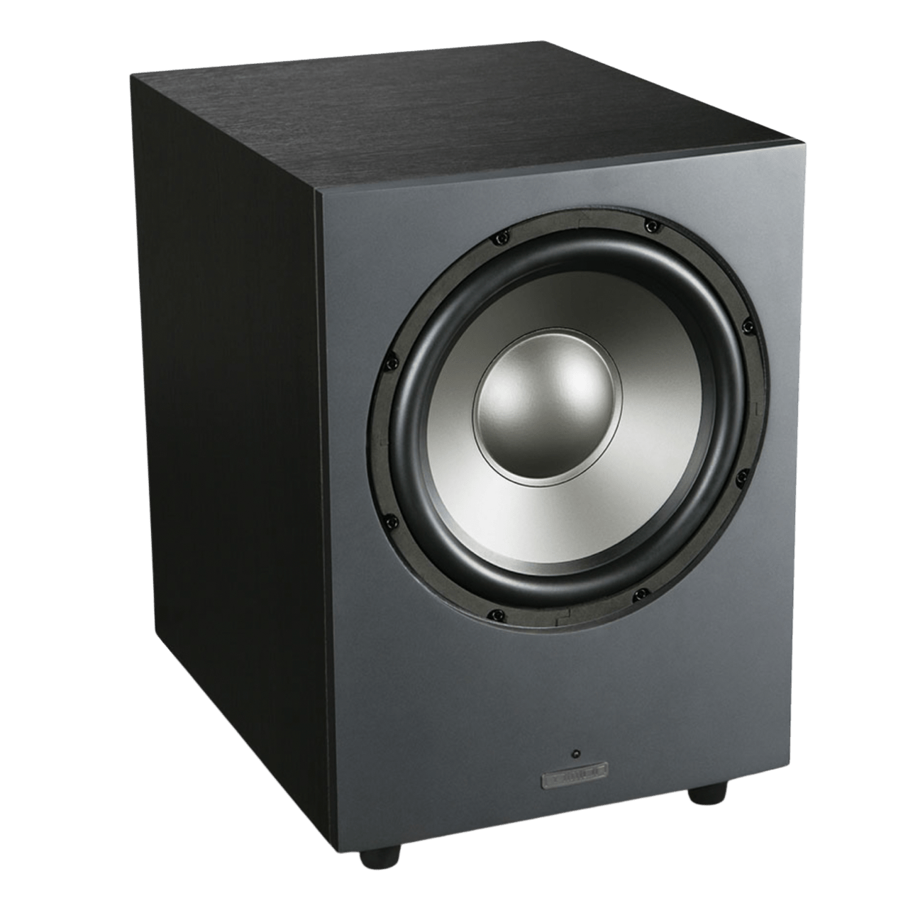 Mission LX-10SUB MKII Active Dynamic Drive IB Subwoofer in Lux Black Matte, angled without grille