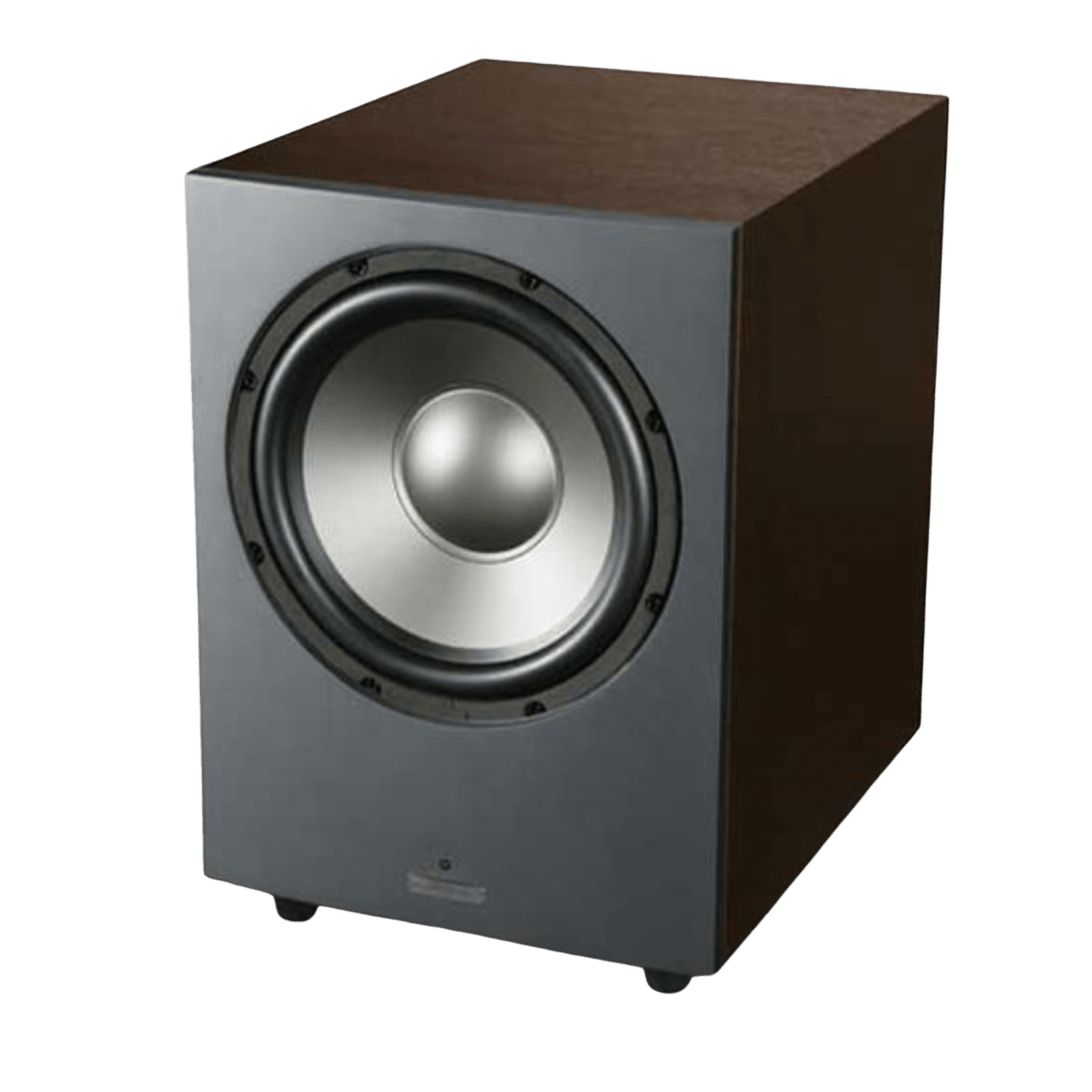 Mission LX-10SUB MKII Active Dynamic Drive IB Subwoofer in Walnut, angled image without grille