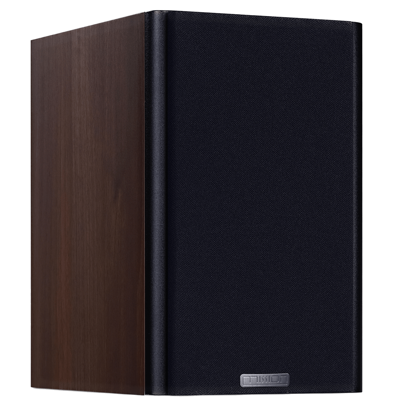 Mission LX-3 MKII Speakers in Walnut, angled with grille