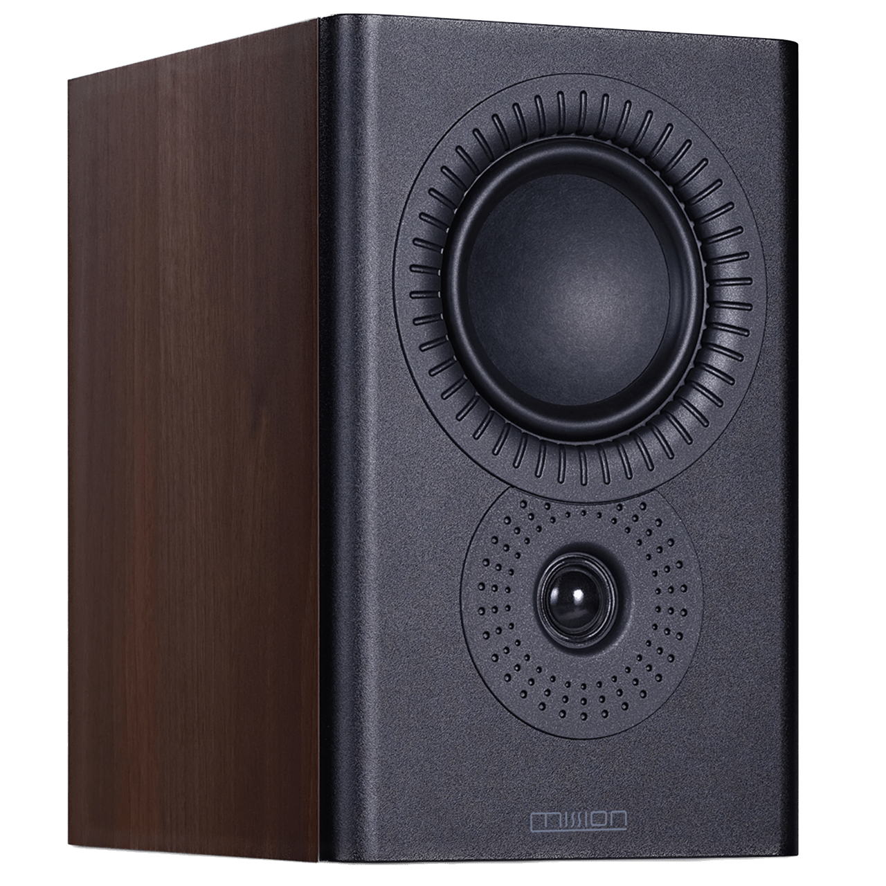 Mission LX-3 MKII Speakers in Walnut, angled without grille