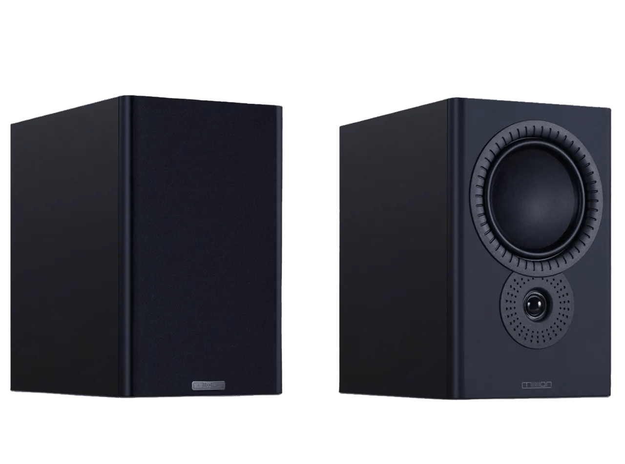  Mission LX-2 MK II Bookshelf Speakers in Lux Black Matte, pair shown with and without grille