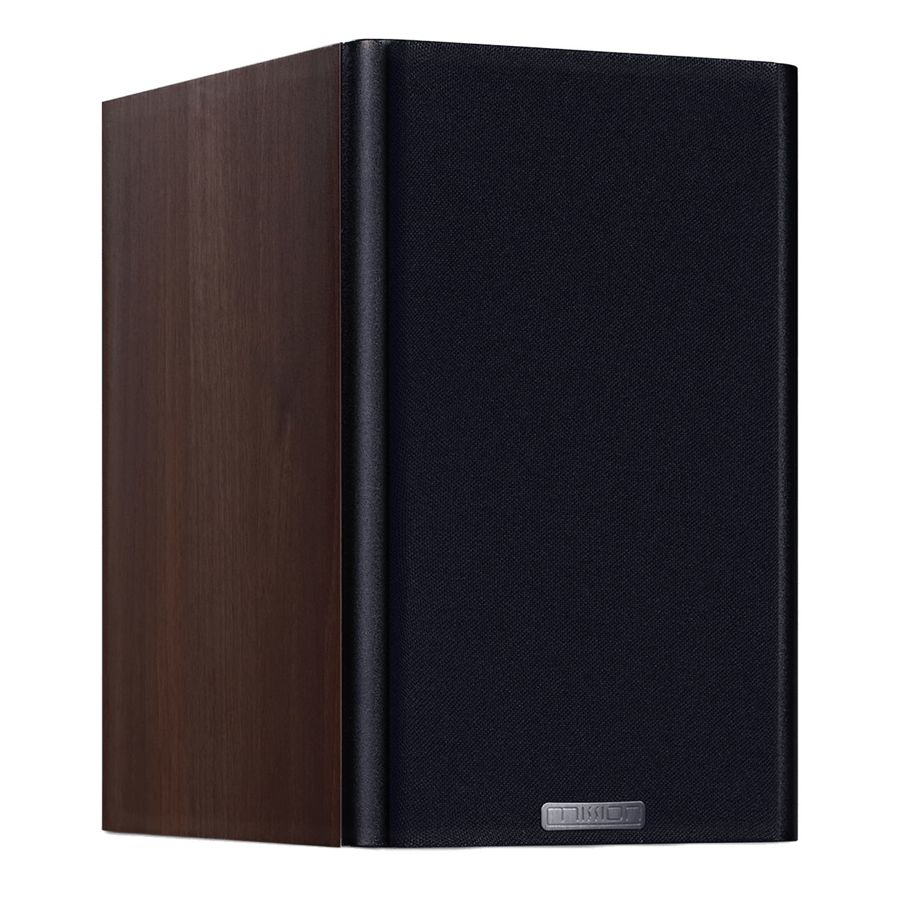 Mission LX-2 MK II Bookshelf Speakers in Walnut, angled image with grille