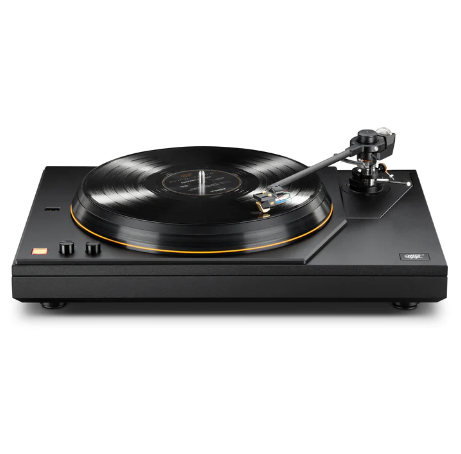 Mobile Fidelity (MoFi Electronics) MasterDeck Turntable, with pre-fitted UltraGold MC cartridge.  Front Image with record