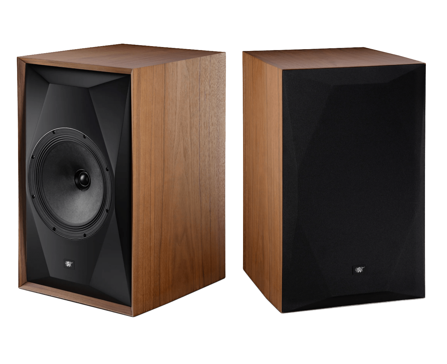 Mobile Fidelity SourcePoint 10 Master Edition Loudspeakers  in Satin Walnut, pair, one without  and one with grille