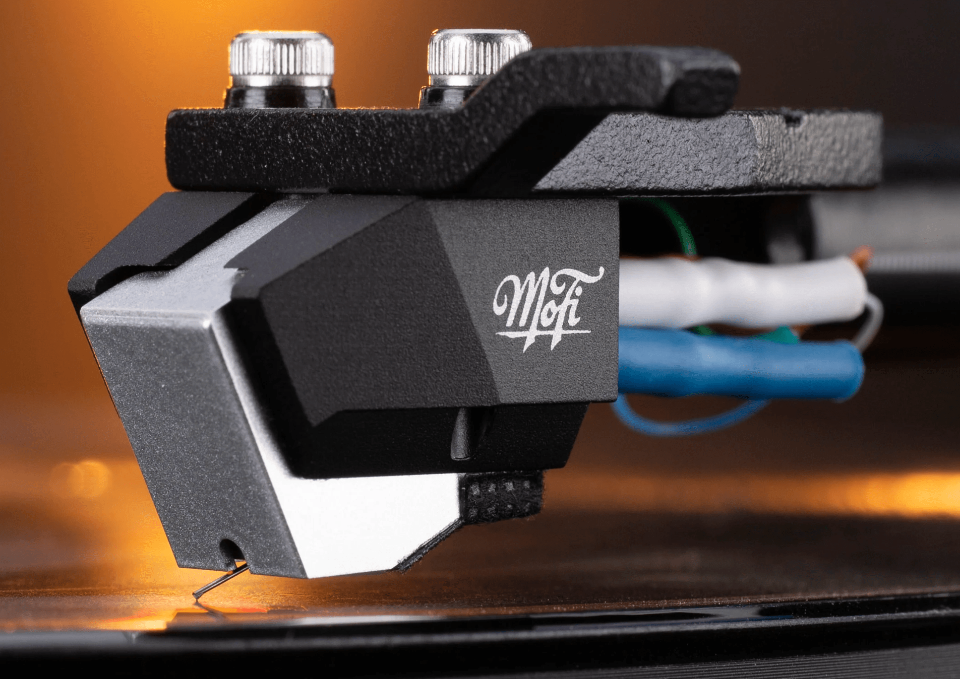 Mobile Fidelity Studiosilver MC Cartridge, image closeup, playing on vinyl