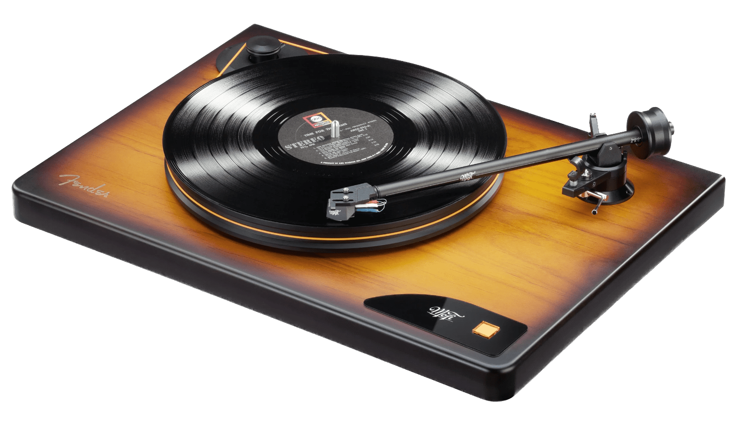 MoFi Electronics American Vintage Turntable, angled left with record playing