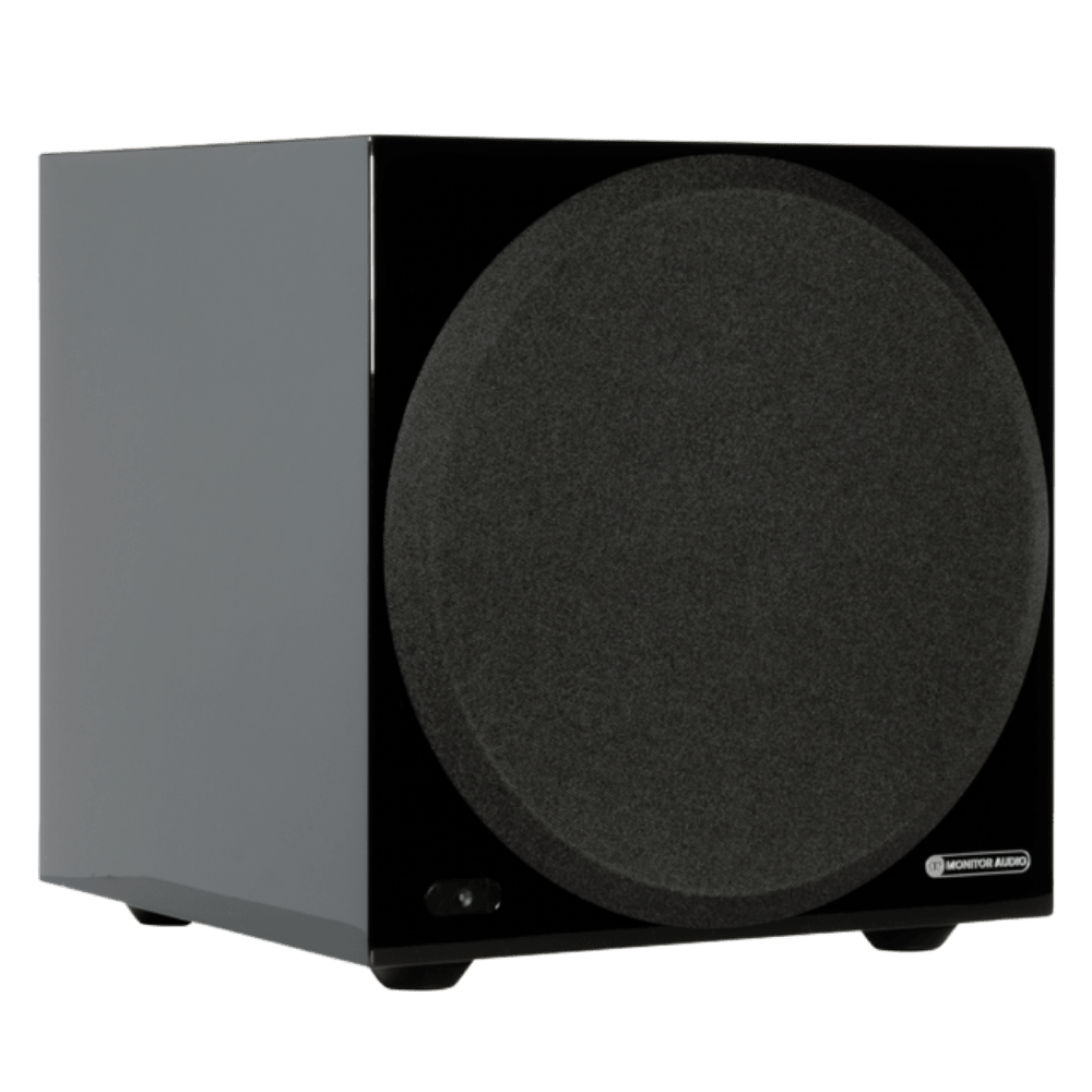 Monitor Audio Anthra W10 Subwoofer, gloss black, angled with grille