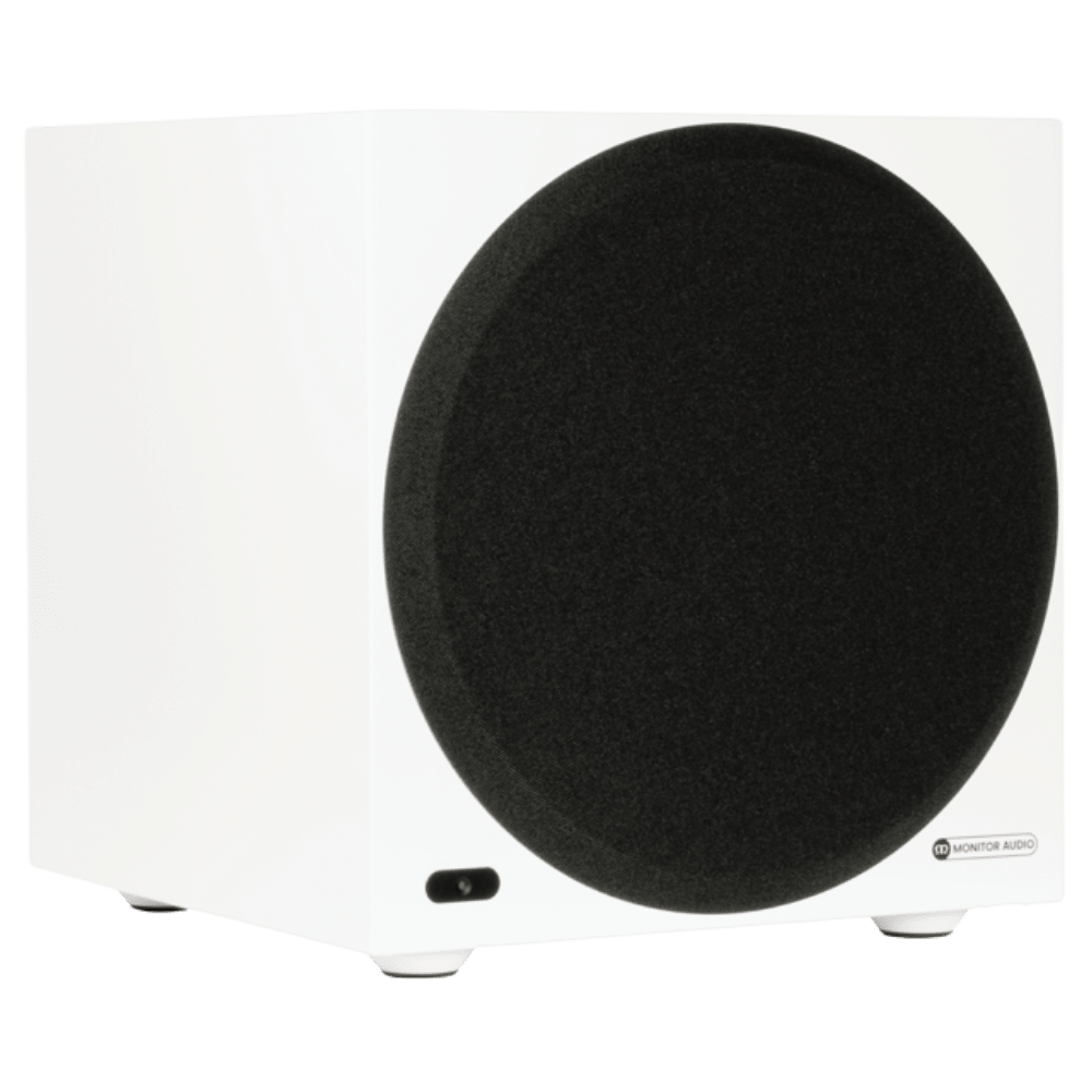 Monitor Audio Anthra W10 Subwoofer, in Satin White, angled with grille