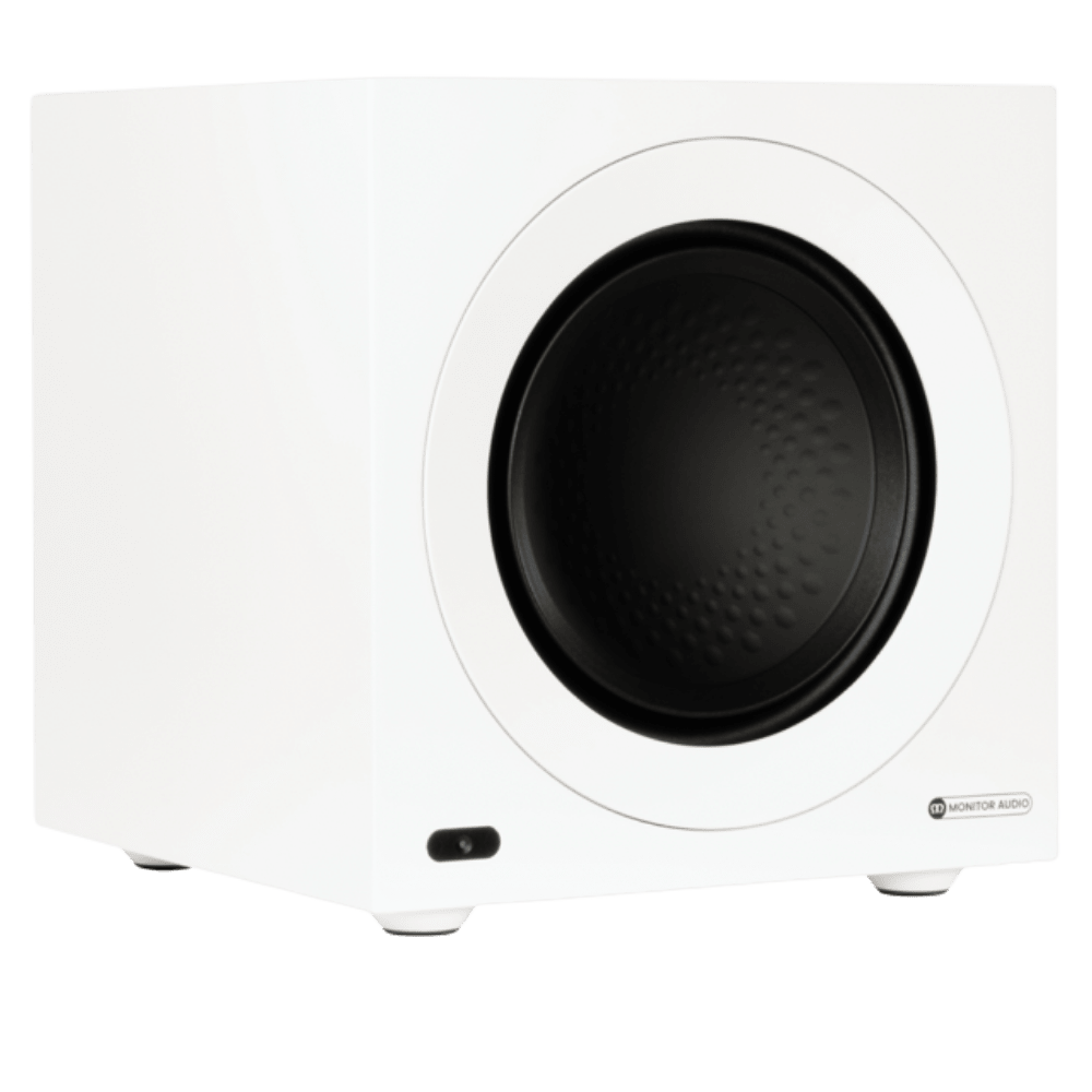 Monitor Audio Anthra W10 Subwoofer, in Satin White, angled 