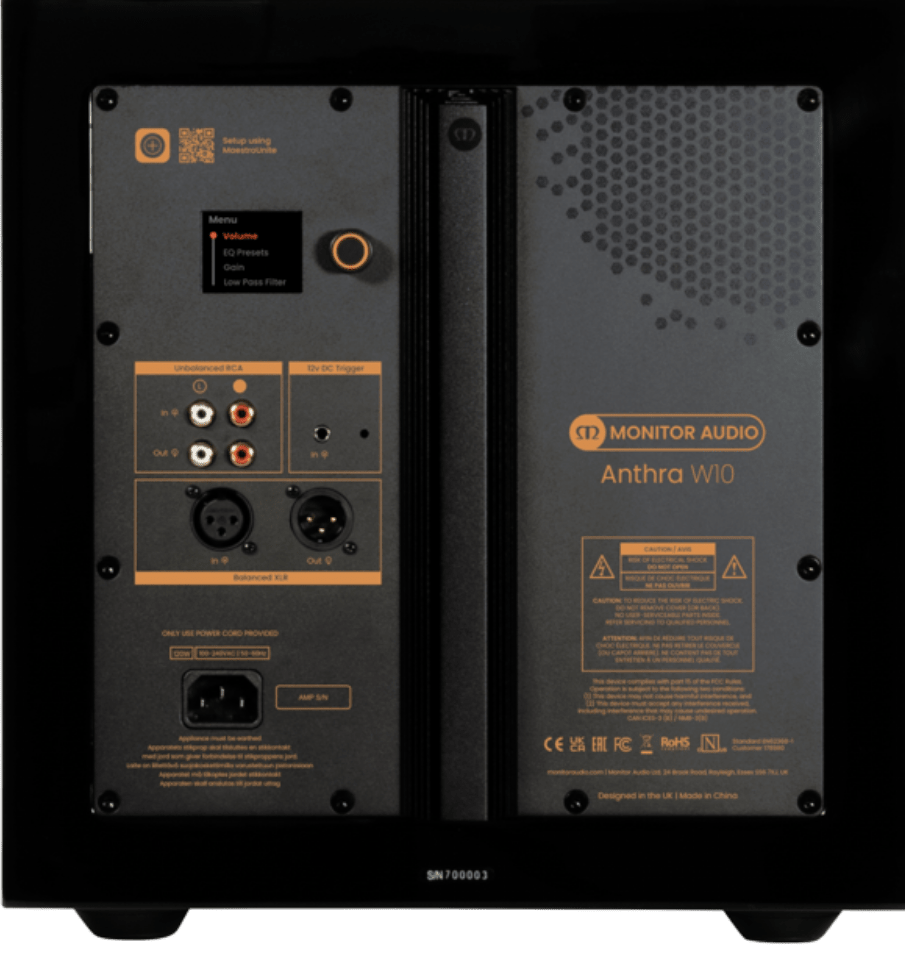 Monitor Audio Anthra W12 Subwoofer in High Gloss Black, back of sub