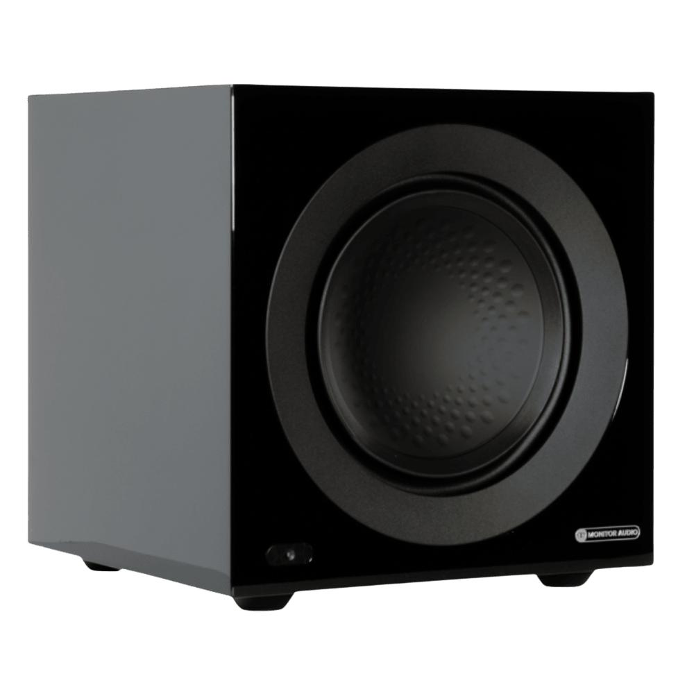 Monitor Audio Anthra W12 Subwoofer in High Gloss Black, angled