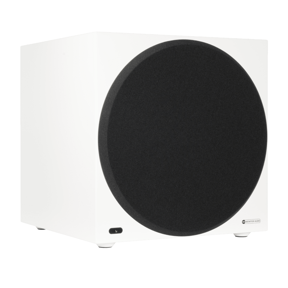 Monitor Audio Anthra W15 Subwoofer in Satin White, angled with grille