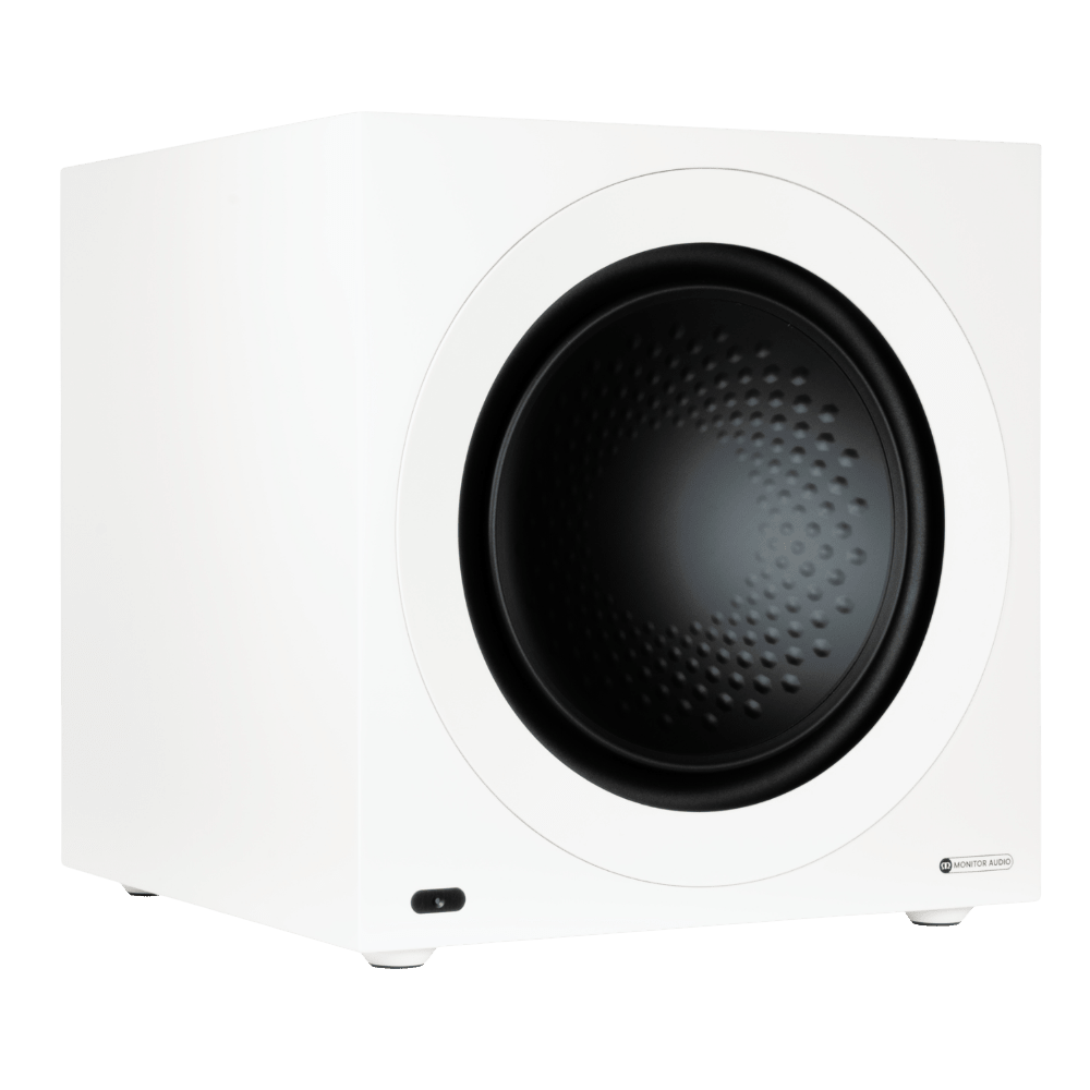 Monitor Audio Anthra W15 Subwoofer in Satin White, angled without grille
