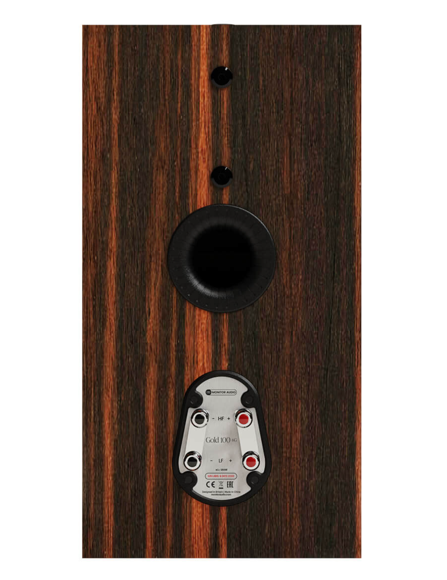 Monitor Audio Gold 100 6G Standmount Speakers in Macassar Wood Veneer. Individual speaker, back, no grille