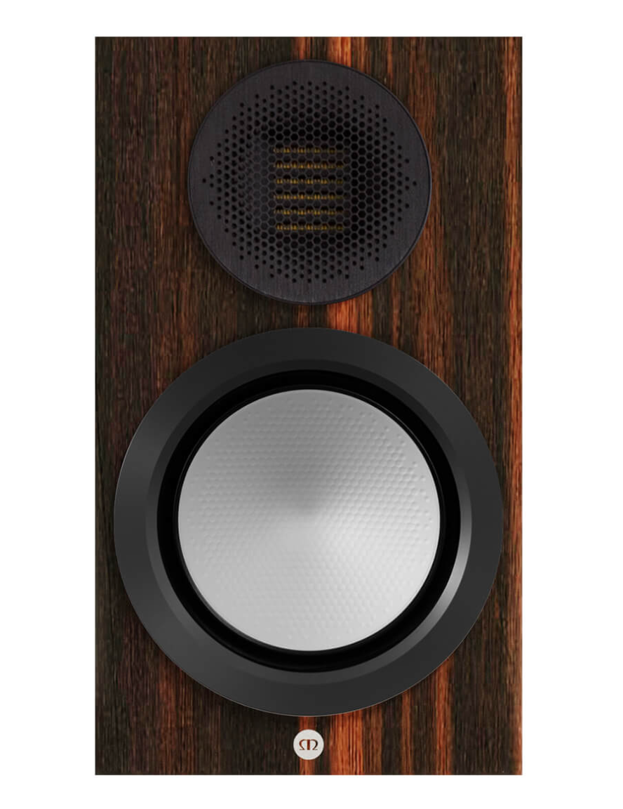 Monitor Audio Gold 50 6G Bookshelf Speakers. Individual front speaker shown in Macassar Wood Veneer