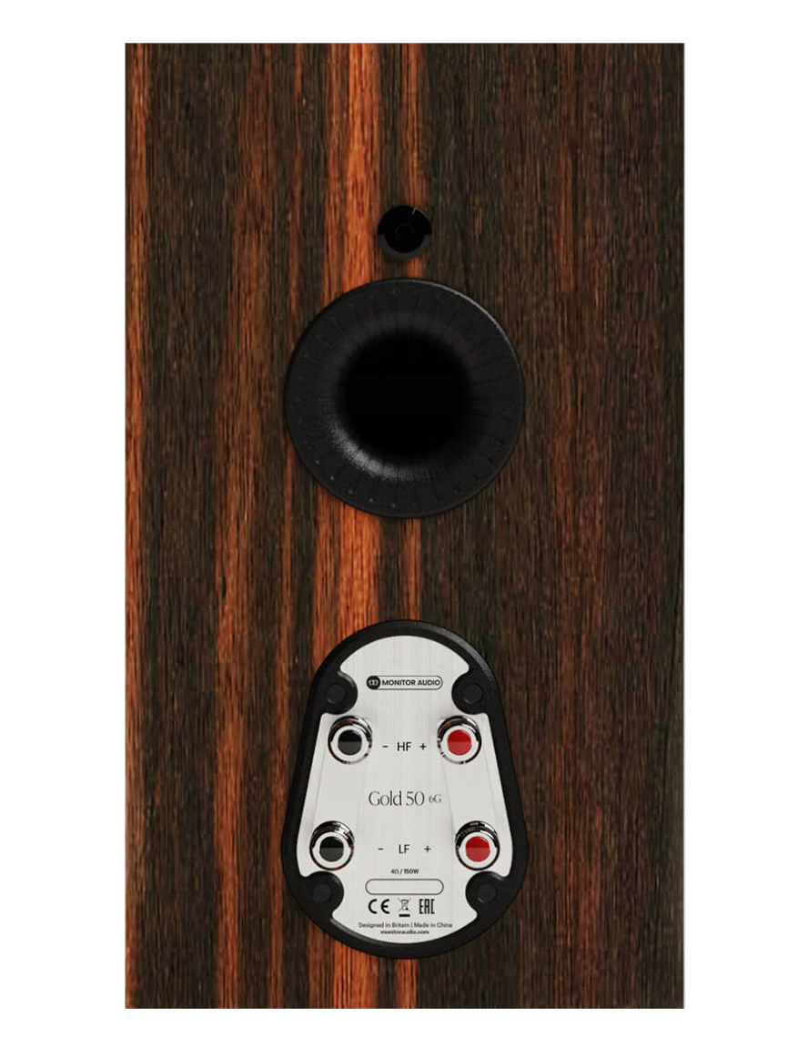 Monitor Audio Gold 50 6G Bookshelf Speakers. Individual back speaker shown in Macassar Wood Veneer