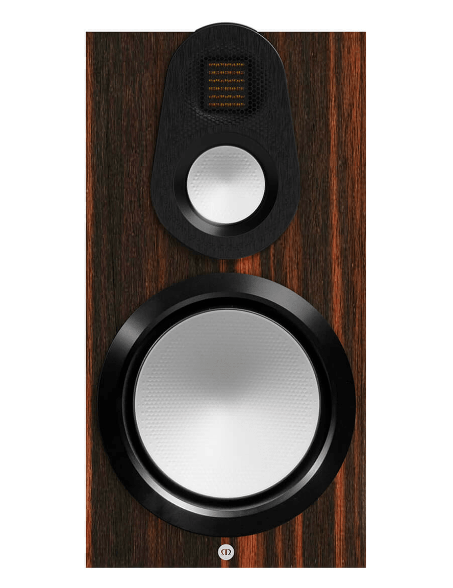 Monitor Audio Gold 100 6G Standmount Speakers in Macassar Wood Veneer. Individual speaker, front on, no grille