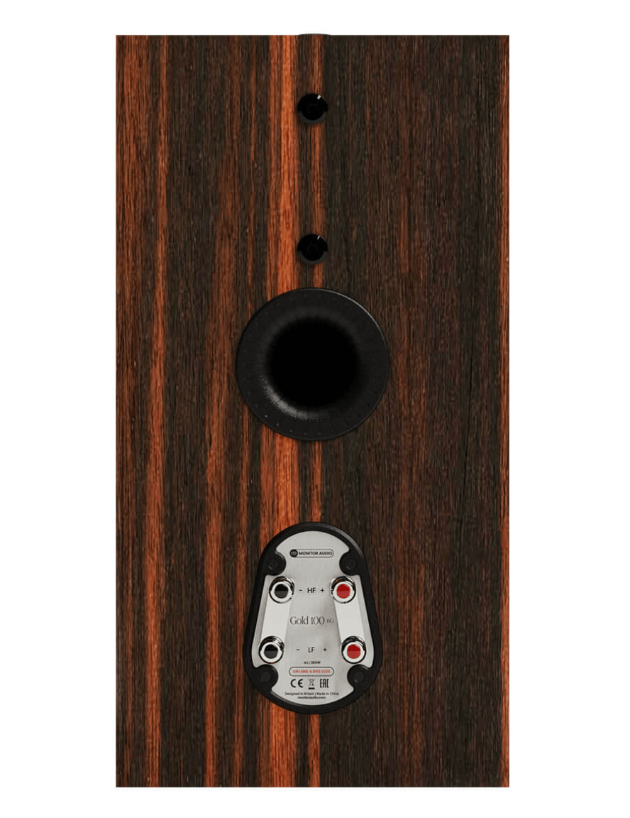Monitor Audio Gold 100 6G Standmount Speakers in Macassar Wood Veneer. Individual speaker, back, no grille