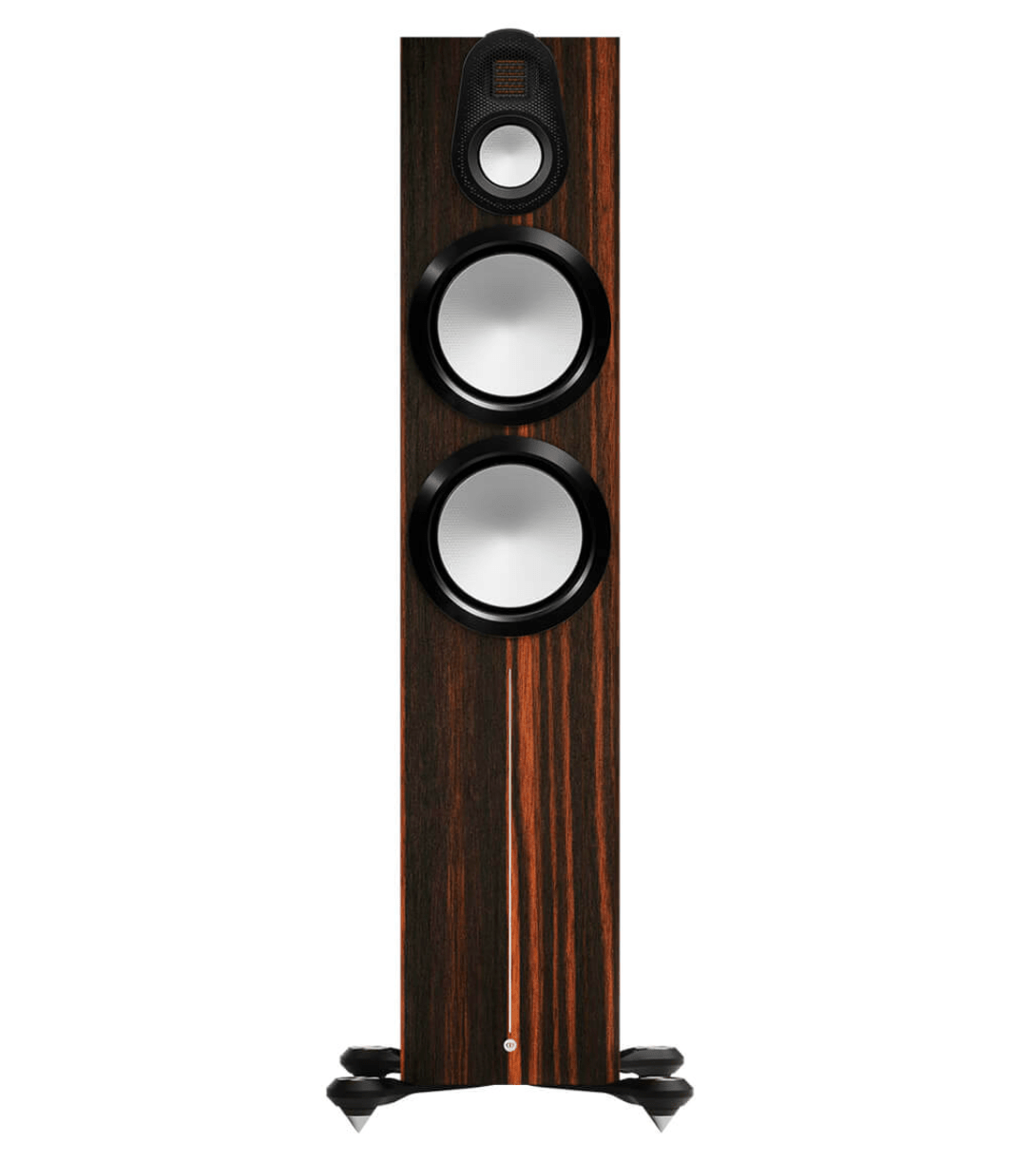 Monitor Audio Gold 500 6G Floorstanding Speaker in Macassar Wood Veneer, front of individual speaker