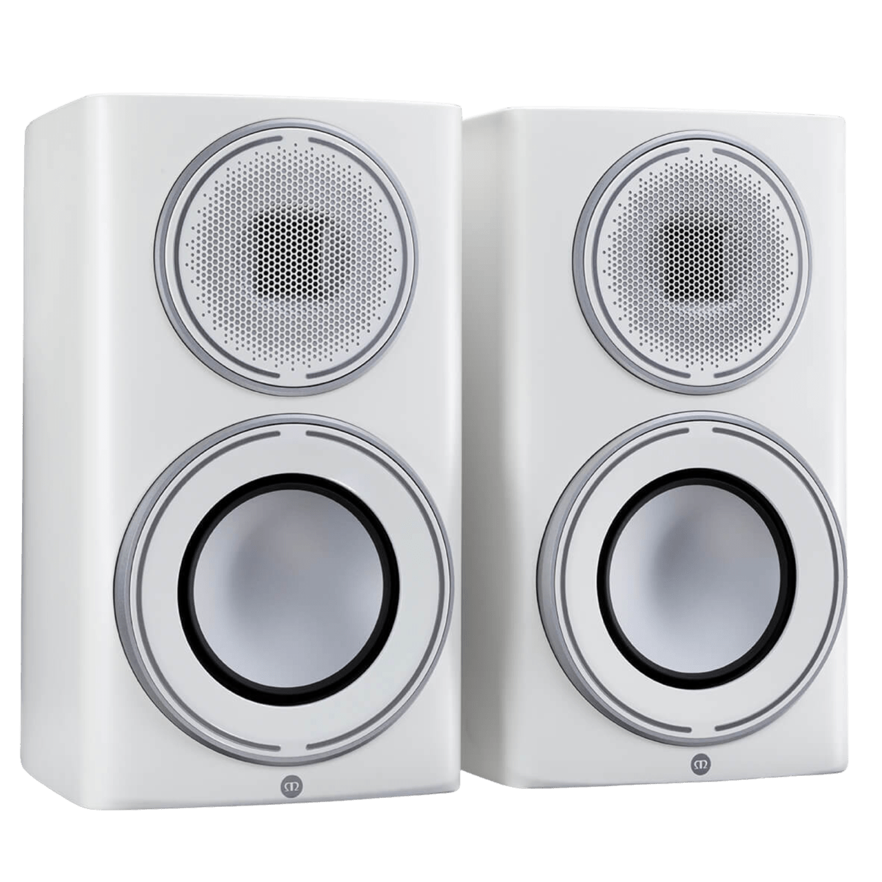 Monitor Audio Platinum 100 3G Bookshelf Speakers, pair shown in Pure Satin White