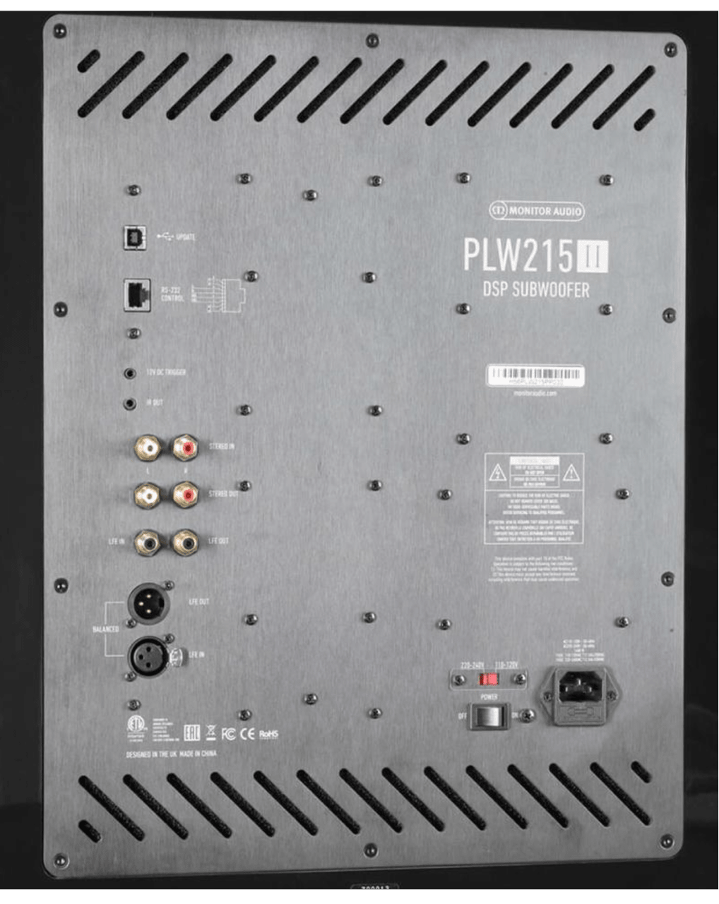 Monitor Audio Platinum PLW215 II Subwoofer, in glossy black, rear of sub
