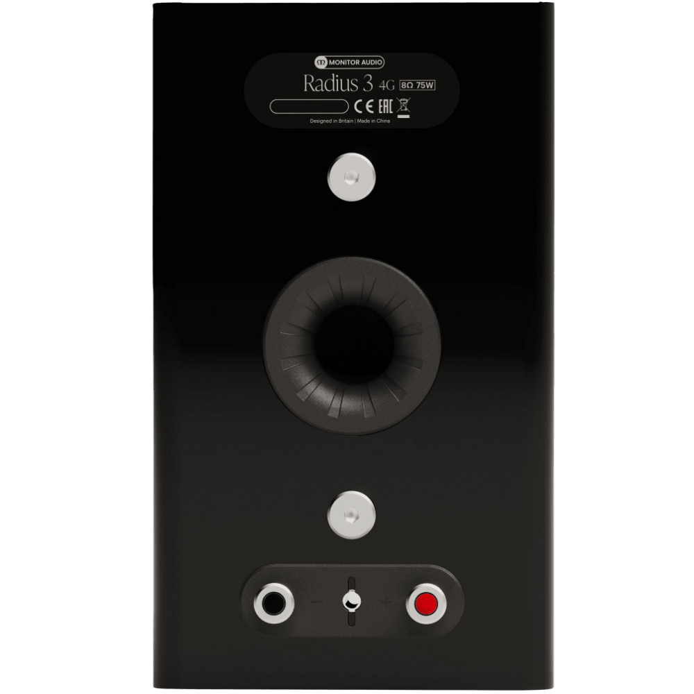 Monitor Audio Radius 3 (4G) Bookshelf Speaker in High Gloss Black, back of speaker
