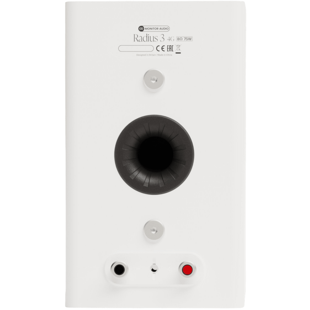 Monitor Audio Radius 3 (4G) Bookshelf Speaker in Satin White, back of speaker