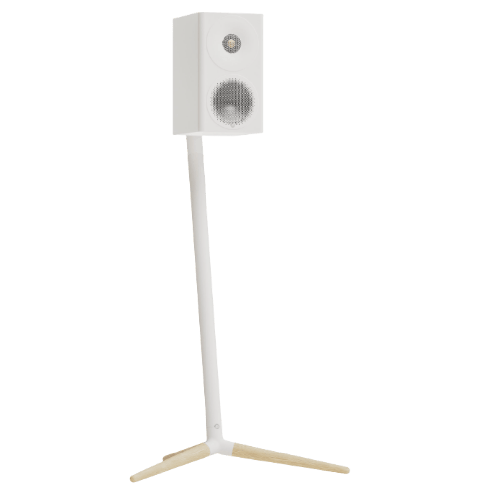 Monitor Audio Radius Floor Stand (4G) Speaker Stands in White, individual stand, with Radius 3 (4G) Speaker mounted