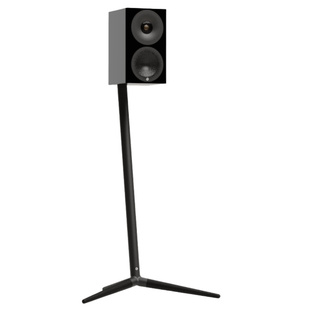 Monitor Audio Radius Floor Stand (4G) Speaker Stands in White, individual stand, with Radius 3 (4G) Speaker mounted