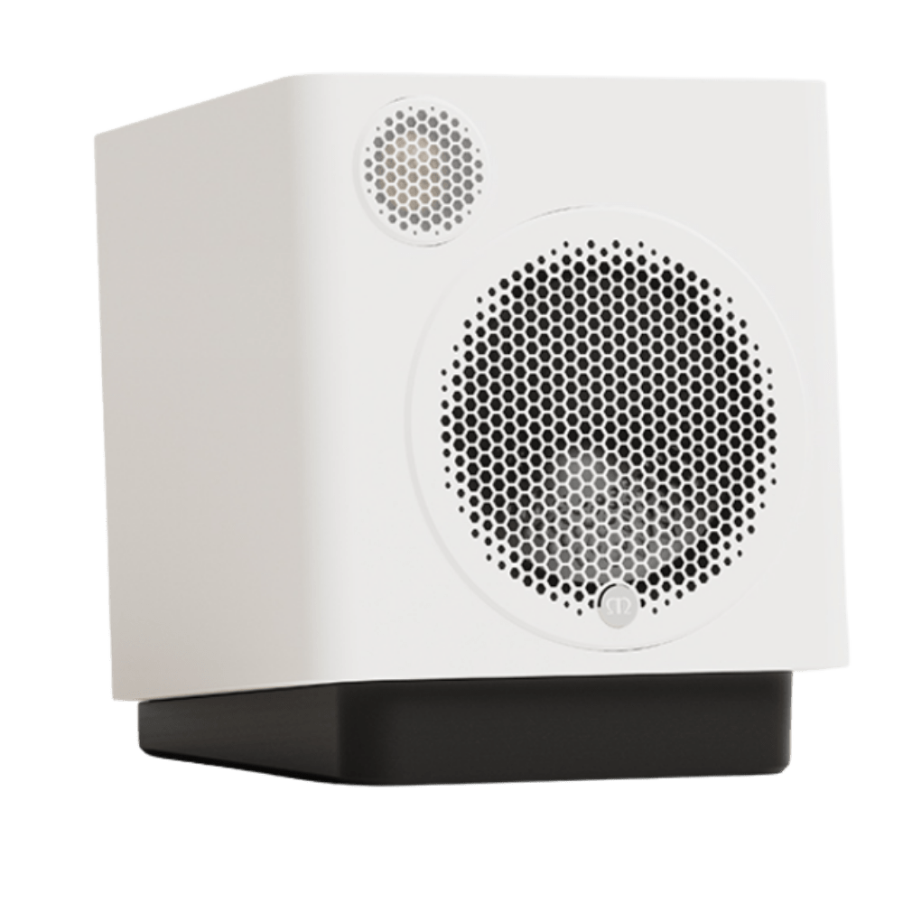 Monitor Audio Radius Desk Pad 4G Isolation Platform shown with Monitor Audio Radius 1 4G Speaker in Satin White