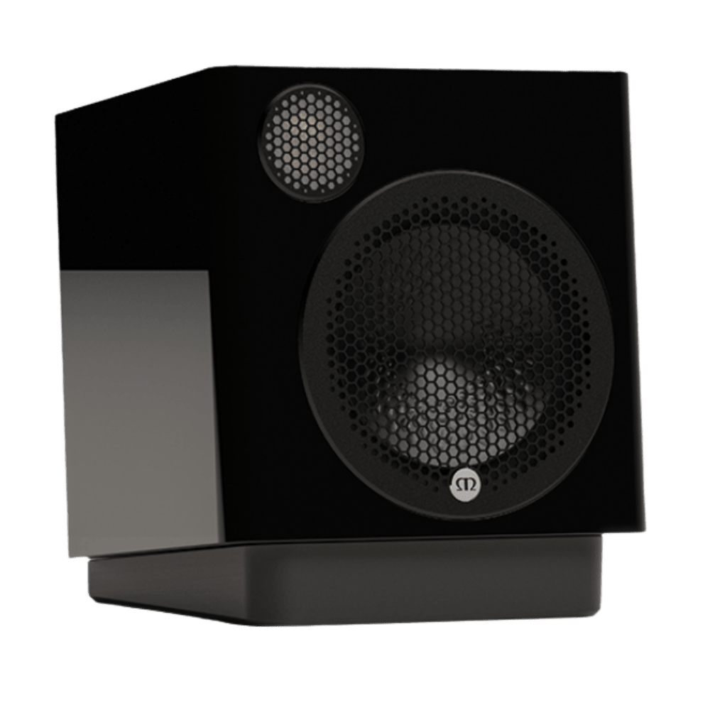 Monitor Audio Radius Desk Pad 4G Isolation Platform shown with Monitor Audio Radius 1 4G Speaker in Gloss Black