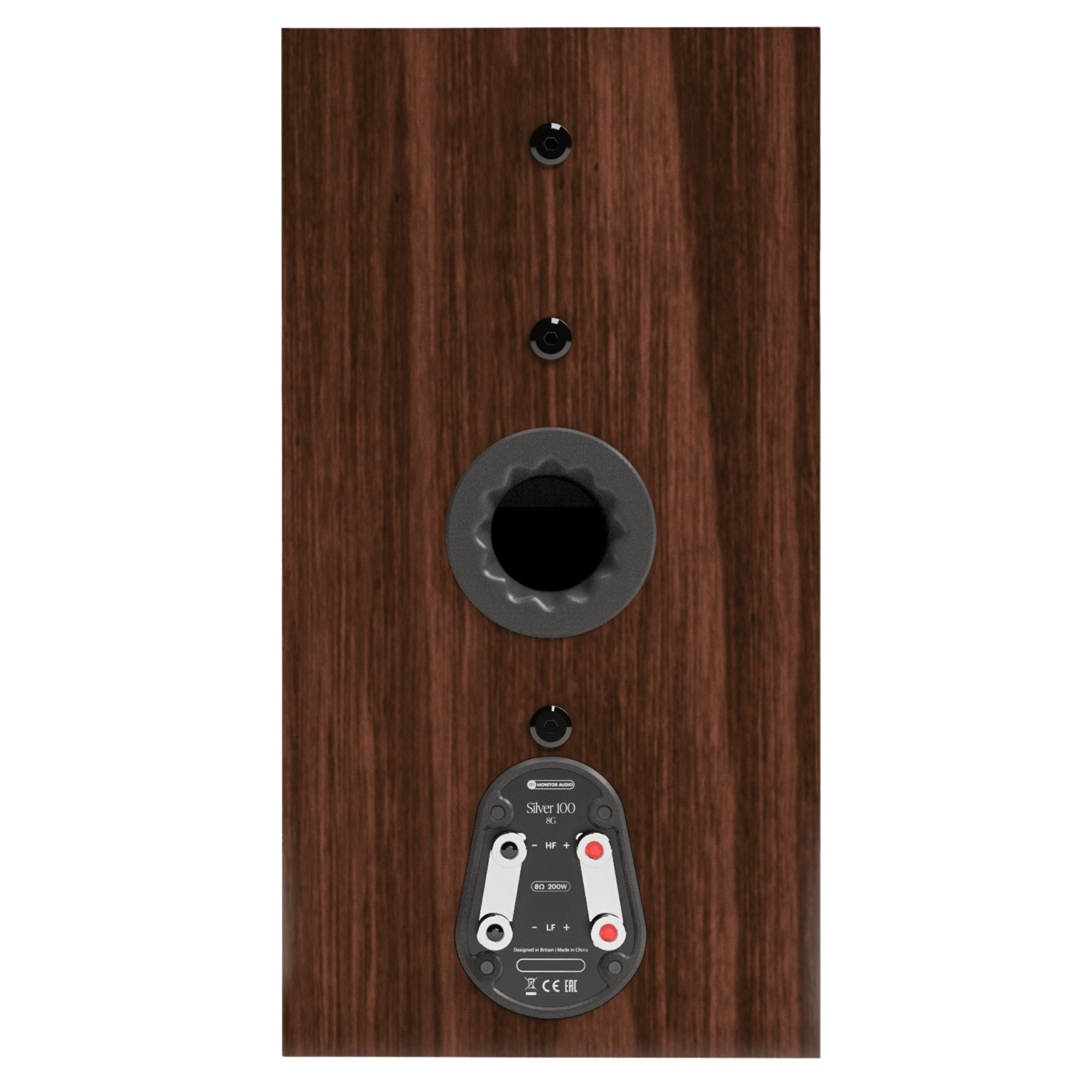 Monitor Audio Silver 100 8G Standmount Speakers  in European Walnut, rear of individual speaker