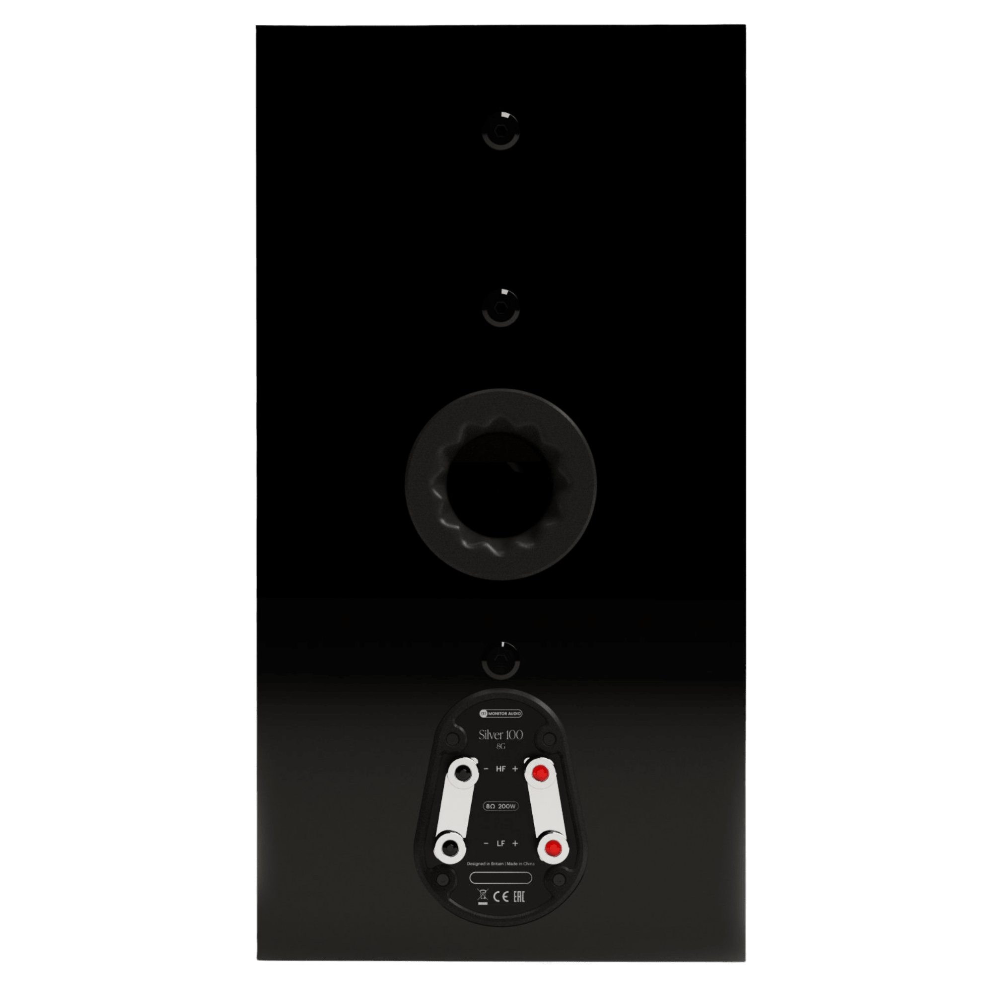 Monitor Audio Silver 100 8G Standmount Speakers  in High Gloss Black, back of individual speaker 