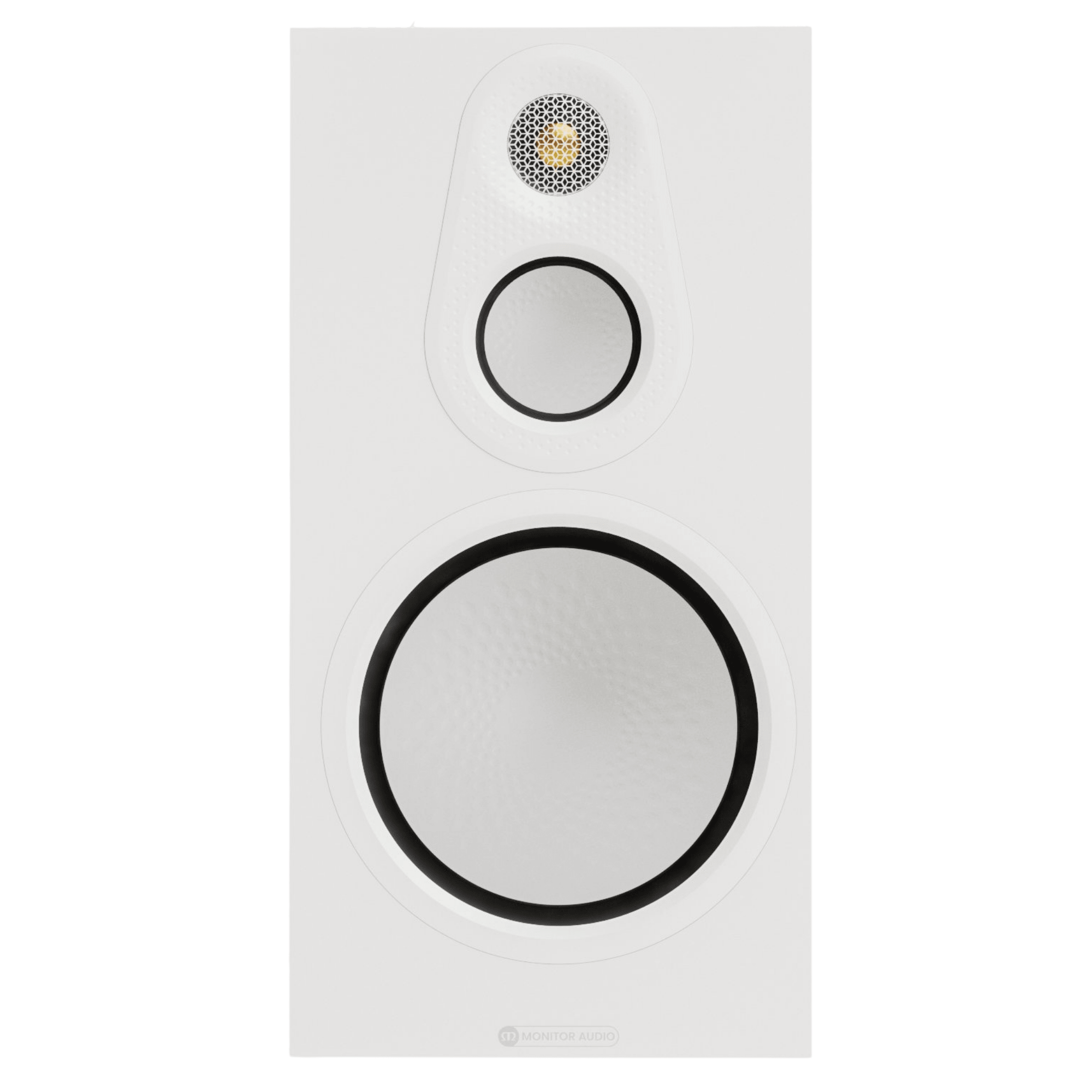 Monitor Audio Silver 100 8G Standmount Speakers  in Satin White , front of individual speaker without grille