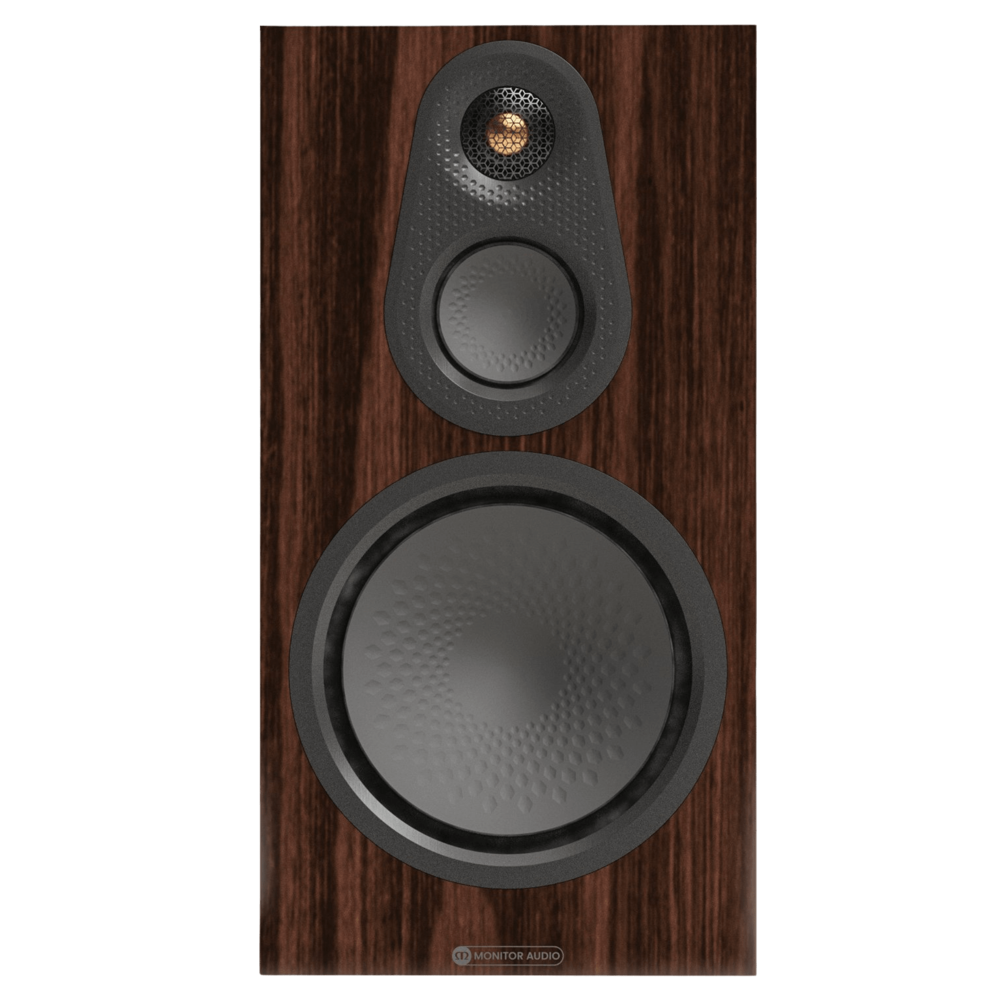 Monitor Audio Silver 100 8G Standmount Speakers  in European Walnut, front of individual speake without grille