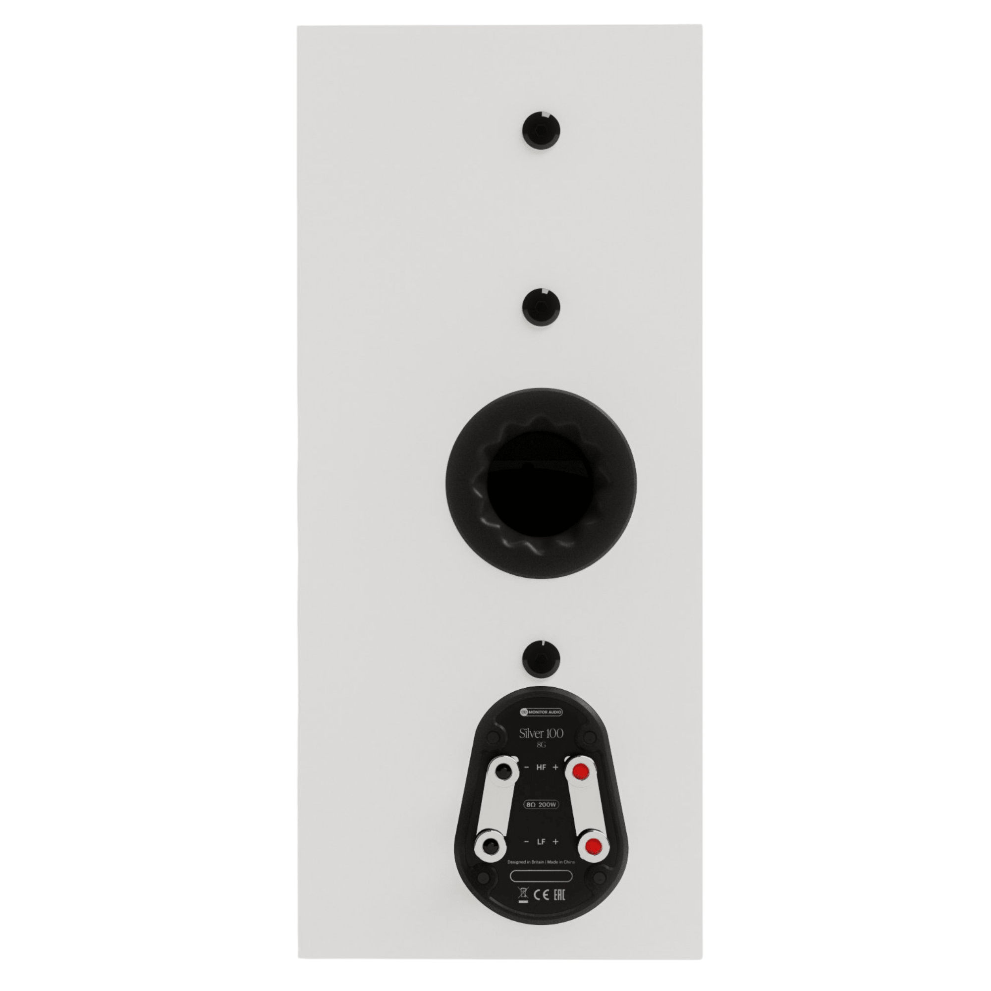Monitor Audio Silver 100 8G Standmount Speakers  in Satin White, back of individual speaker 