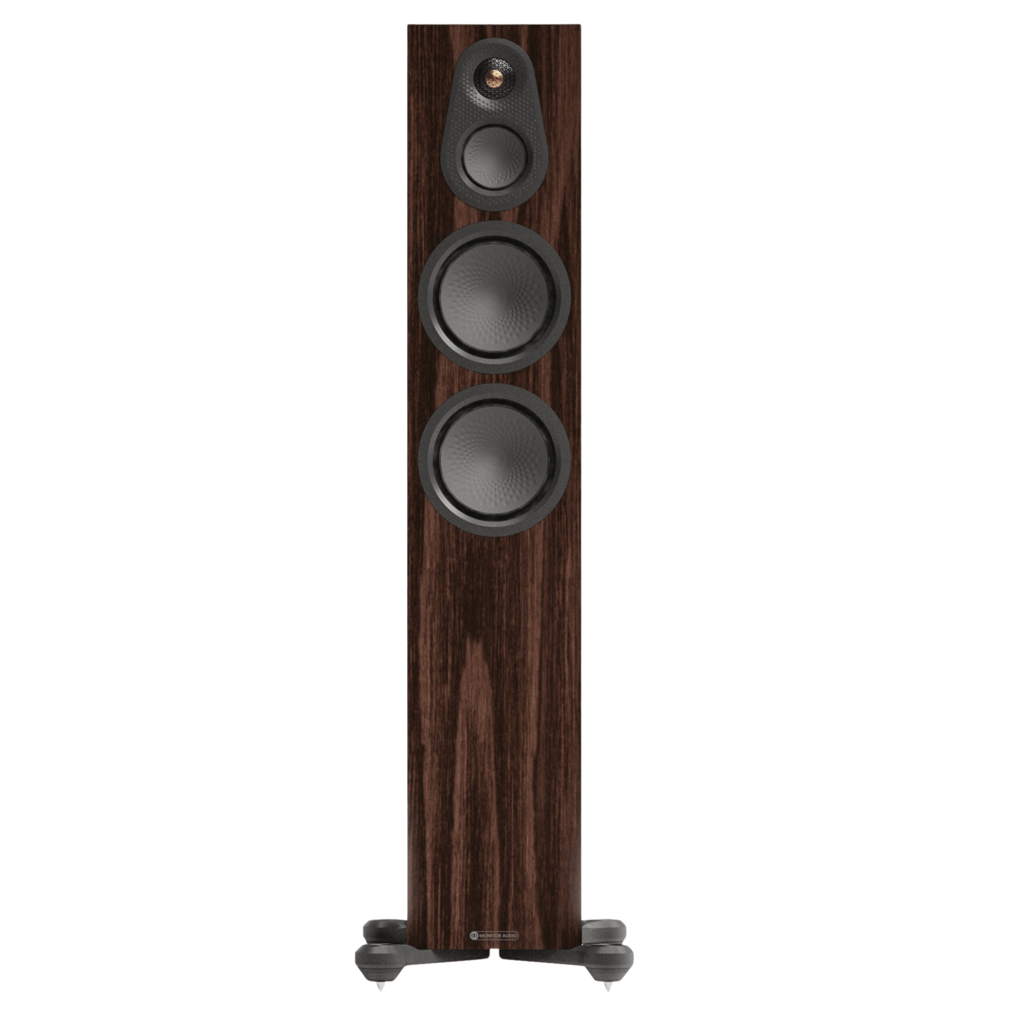 Monitor Audio Silver 300 8G Floorstanding Speakers. Individual speaker shown in European Walnut, front on and without Grilles