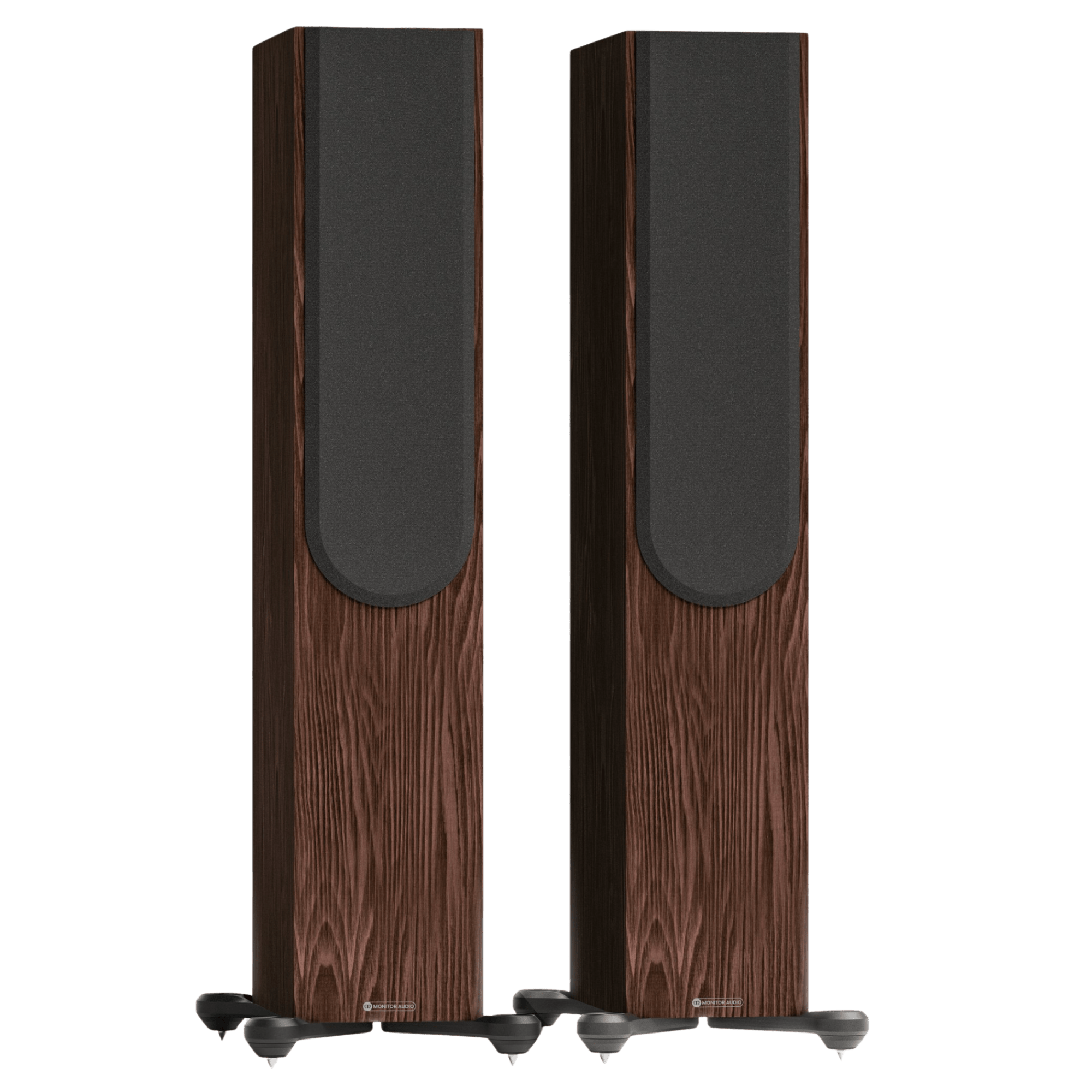 Monitor Audio Silver 300 8G Floorstanding Speakers shown in European Walnut, with Grilles