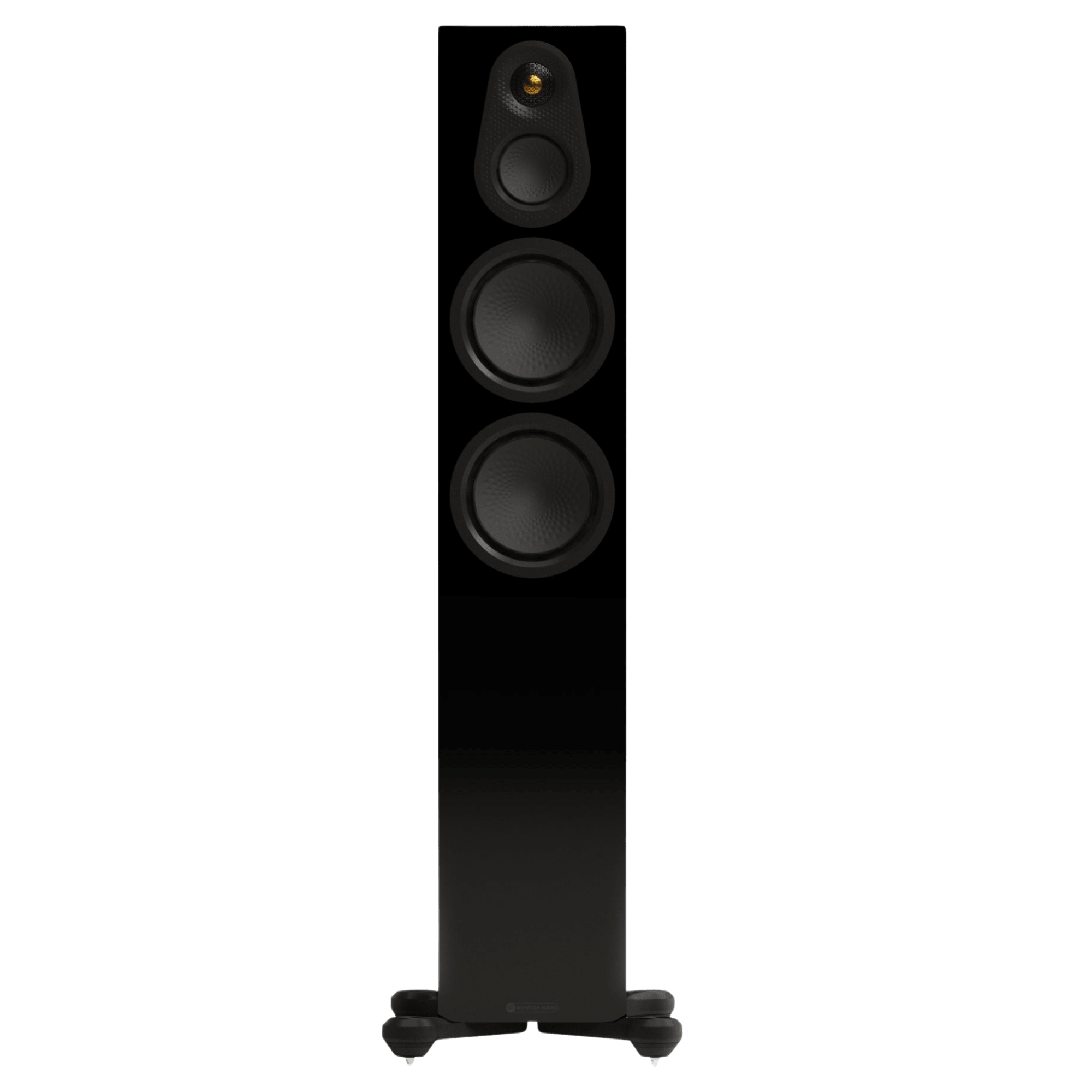 Monitor Audio Silver 300 8G Floorstanding Speakers. Individual speaker shown in High Gloss Black front on and without Grilles