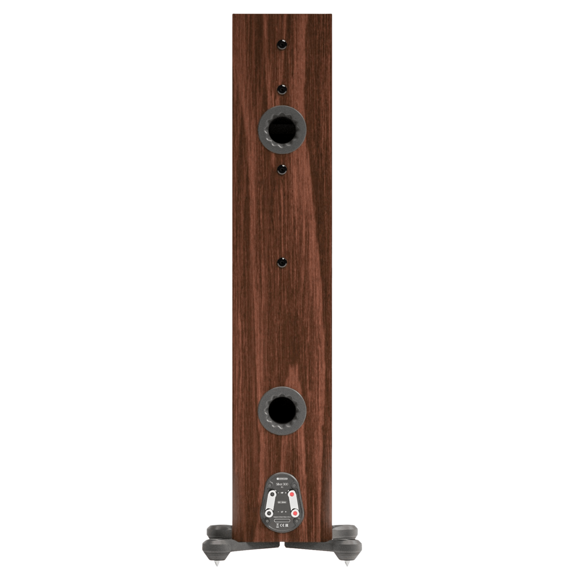 Monitor Audio Silver 300 8G Floorstanding Speakers. Back of individual speaker shown in European Walnut
