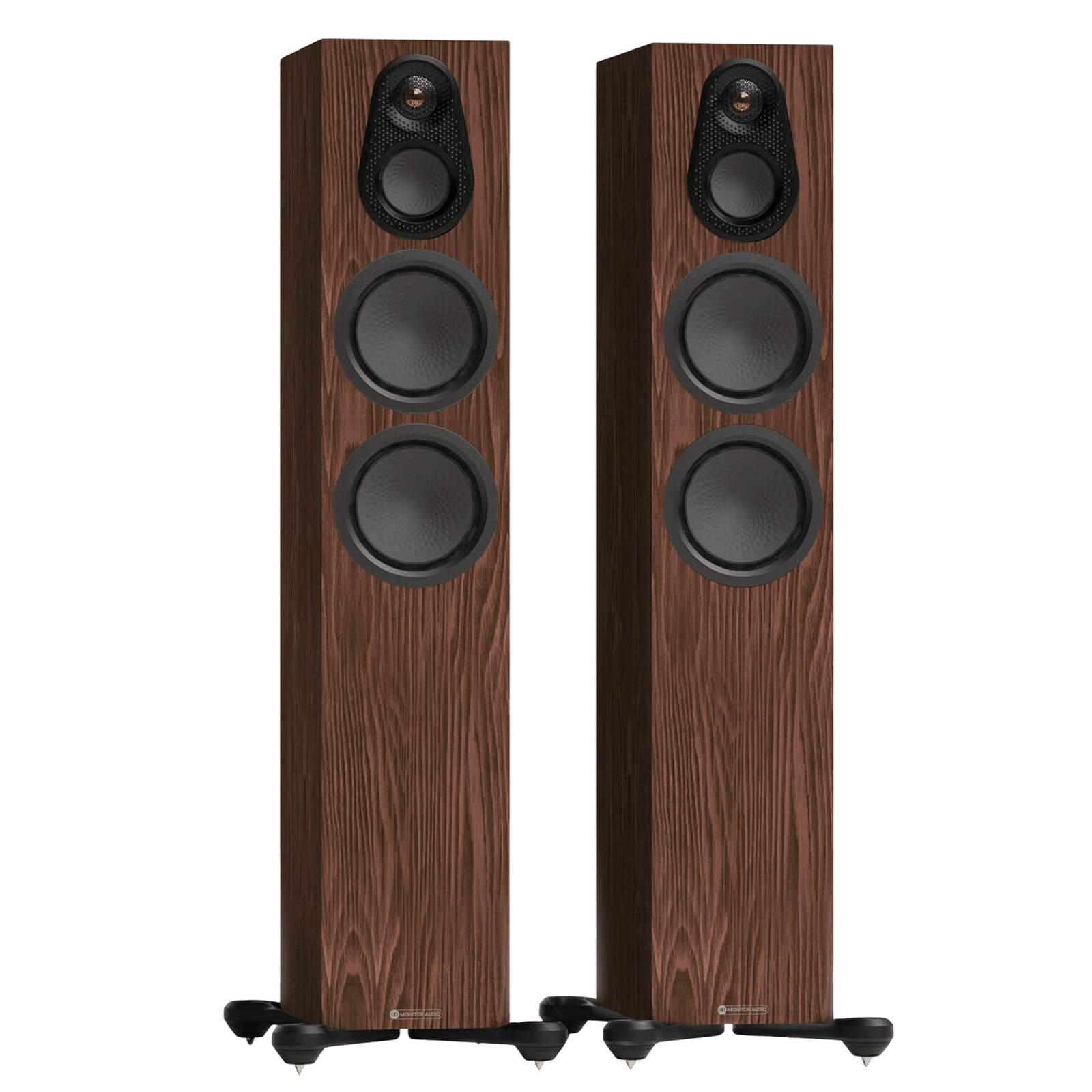 Monitor Audio Silver 300 8G Floorstanding Speakers shown in European Walnut and without Grilles